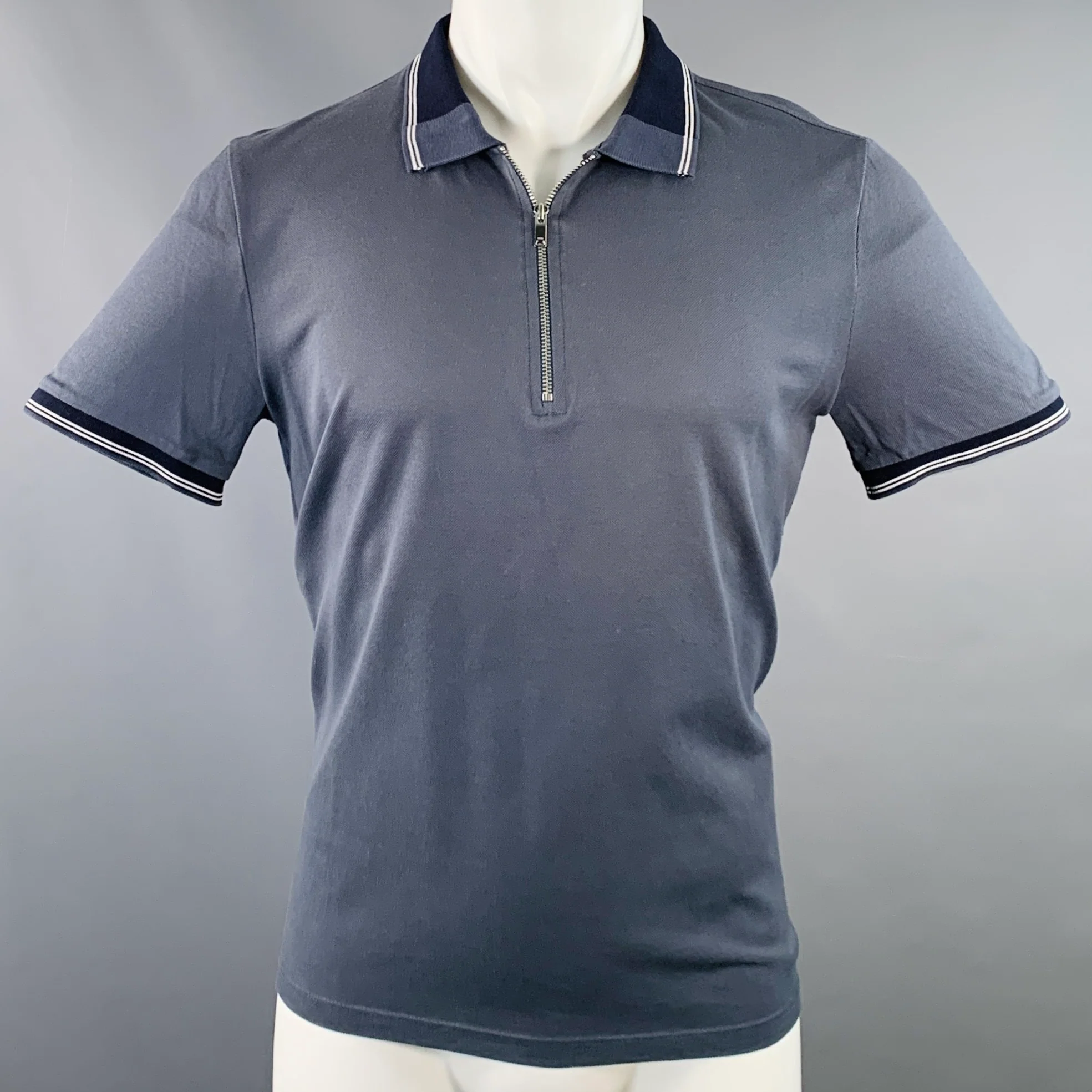 REISS Size S Carter Grey Navy White Contrast Trim Cotton Zip Up Polo