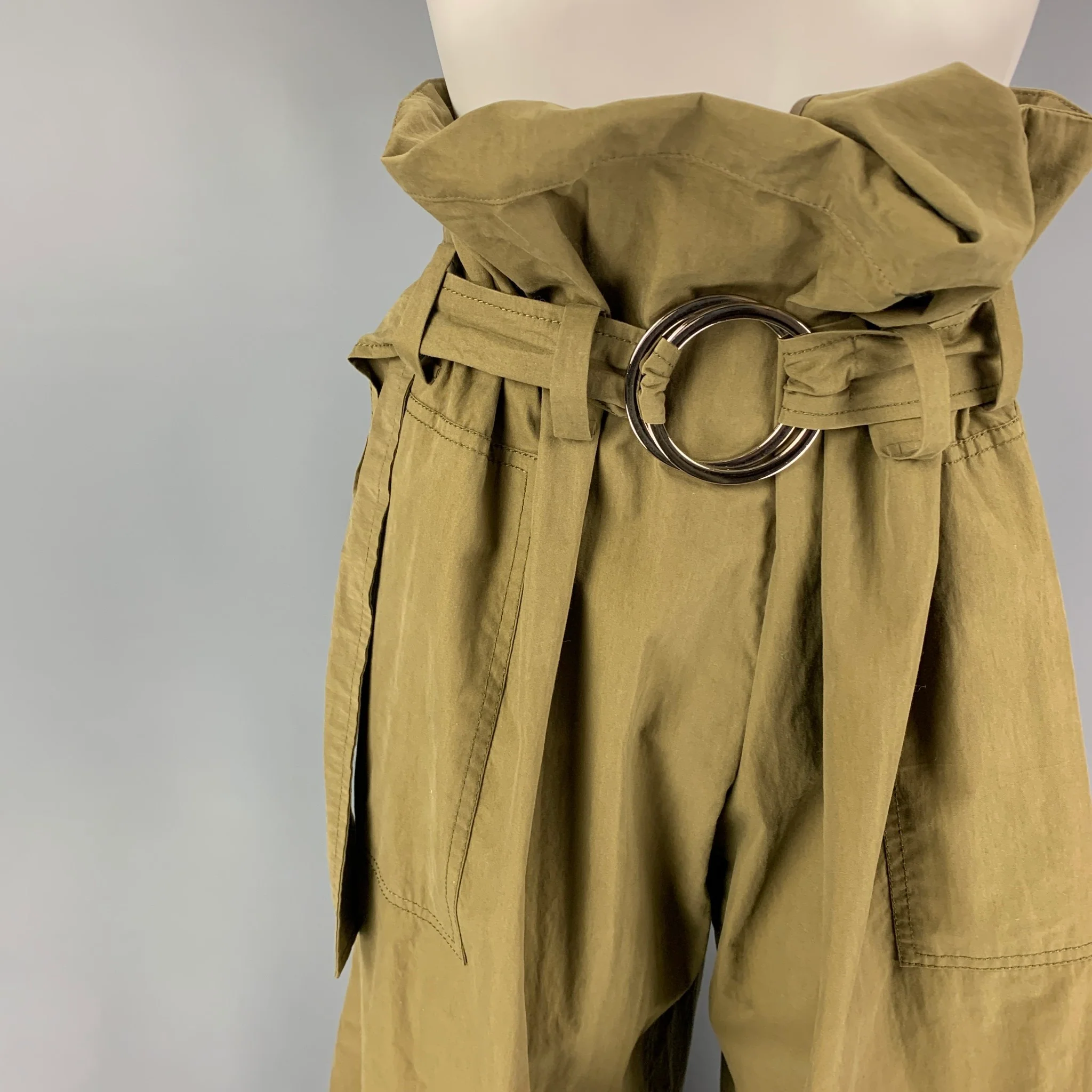 REJINA PYO Size 6 Green Olive Cotton Nylon Belted Casual Pants - Image 2