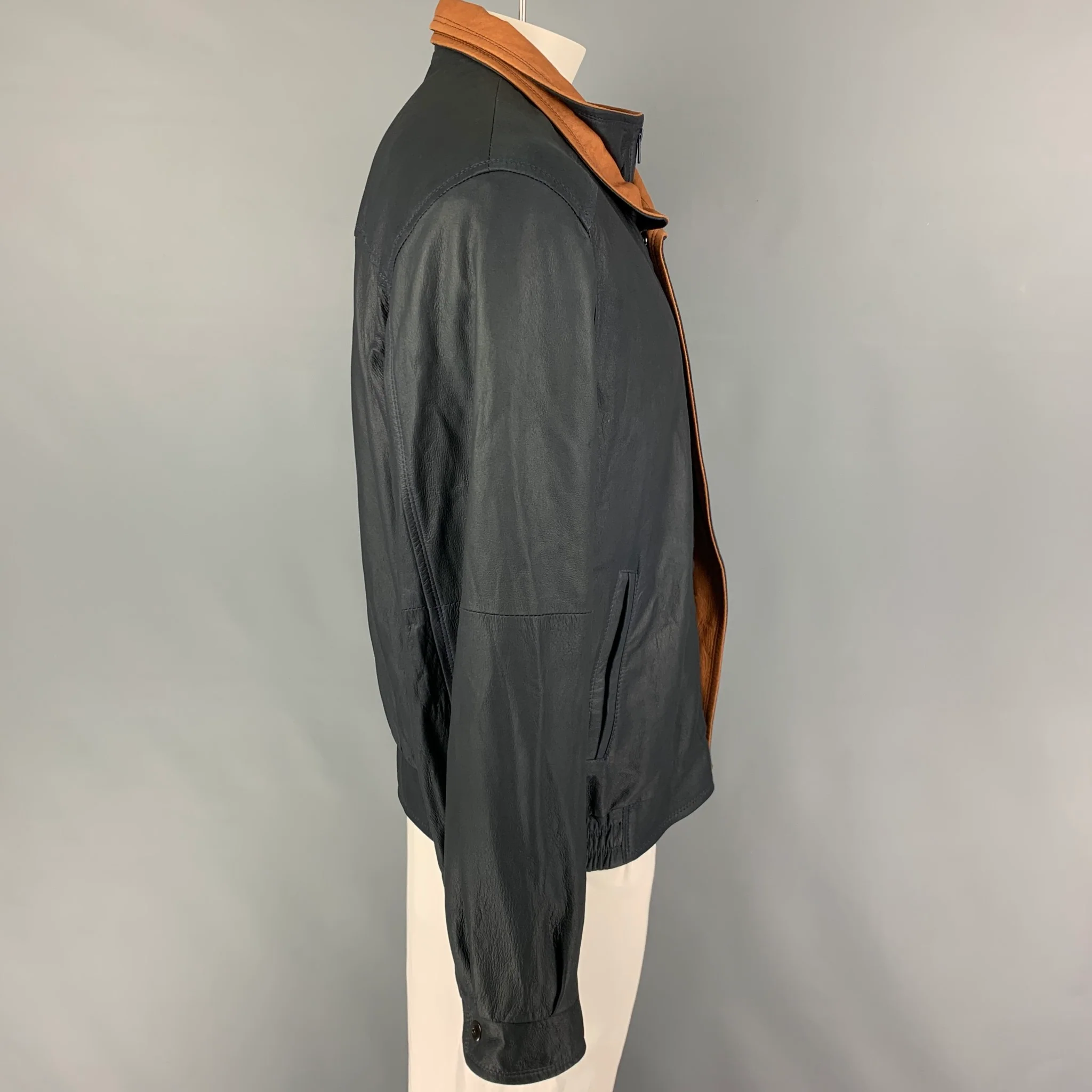 REMY Size 42 Navy Tan Leather Zip Up Jacket - Image 3