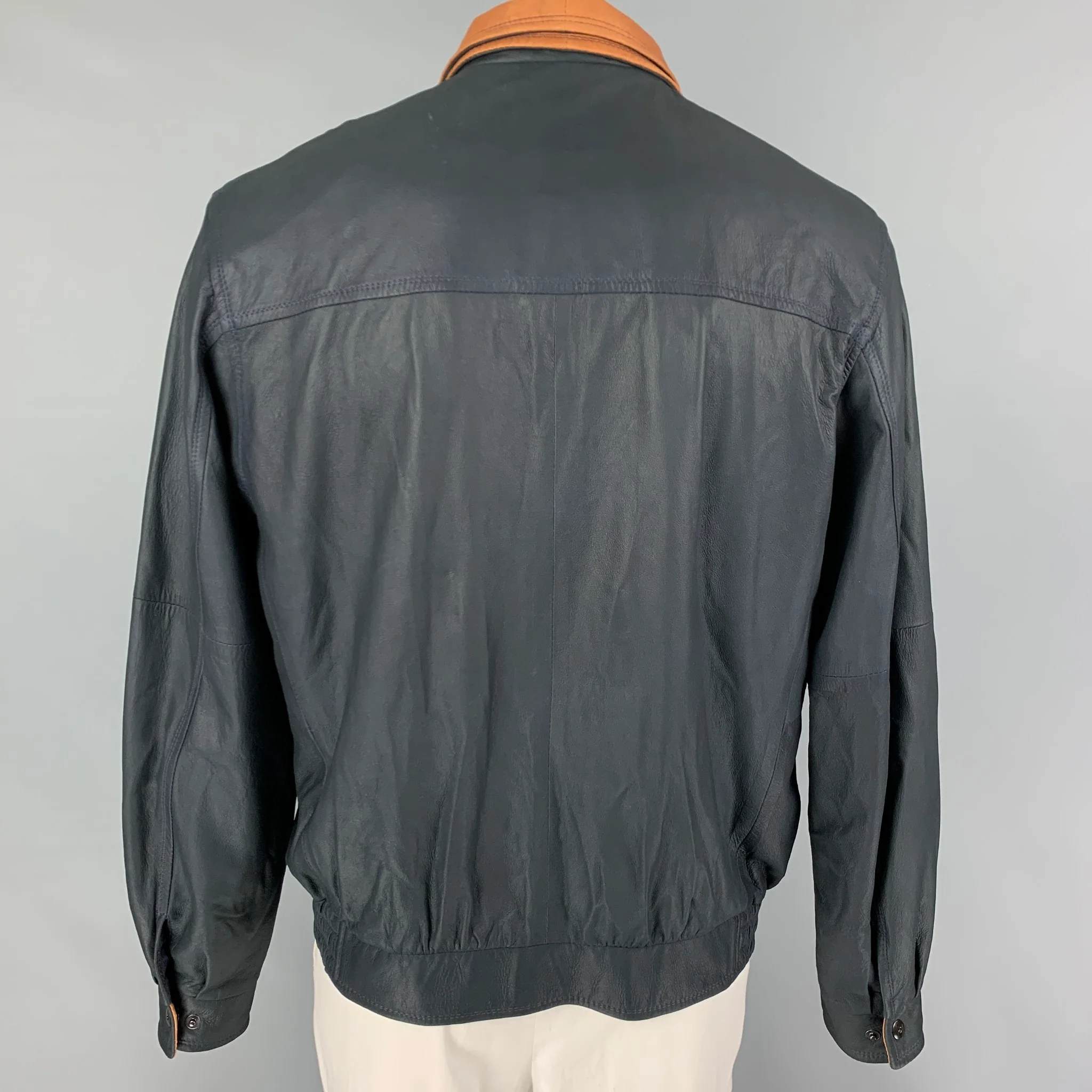 REMY Size 42 Navy Tan Leather Zip Up Jacket - Image 4