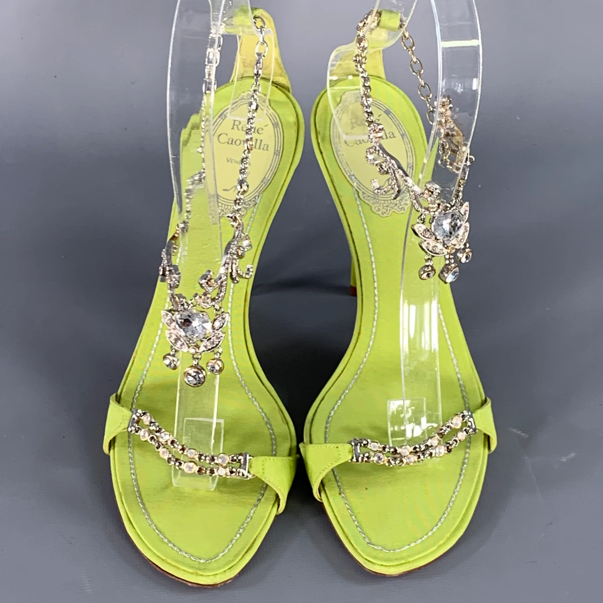 RENE CAOVILLA Size 6.5 Green Chartreuse Silk Rhinestones Strappy Sandals - Image 4