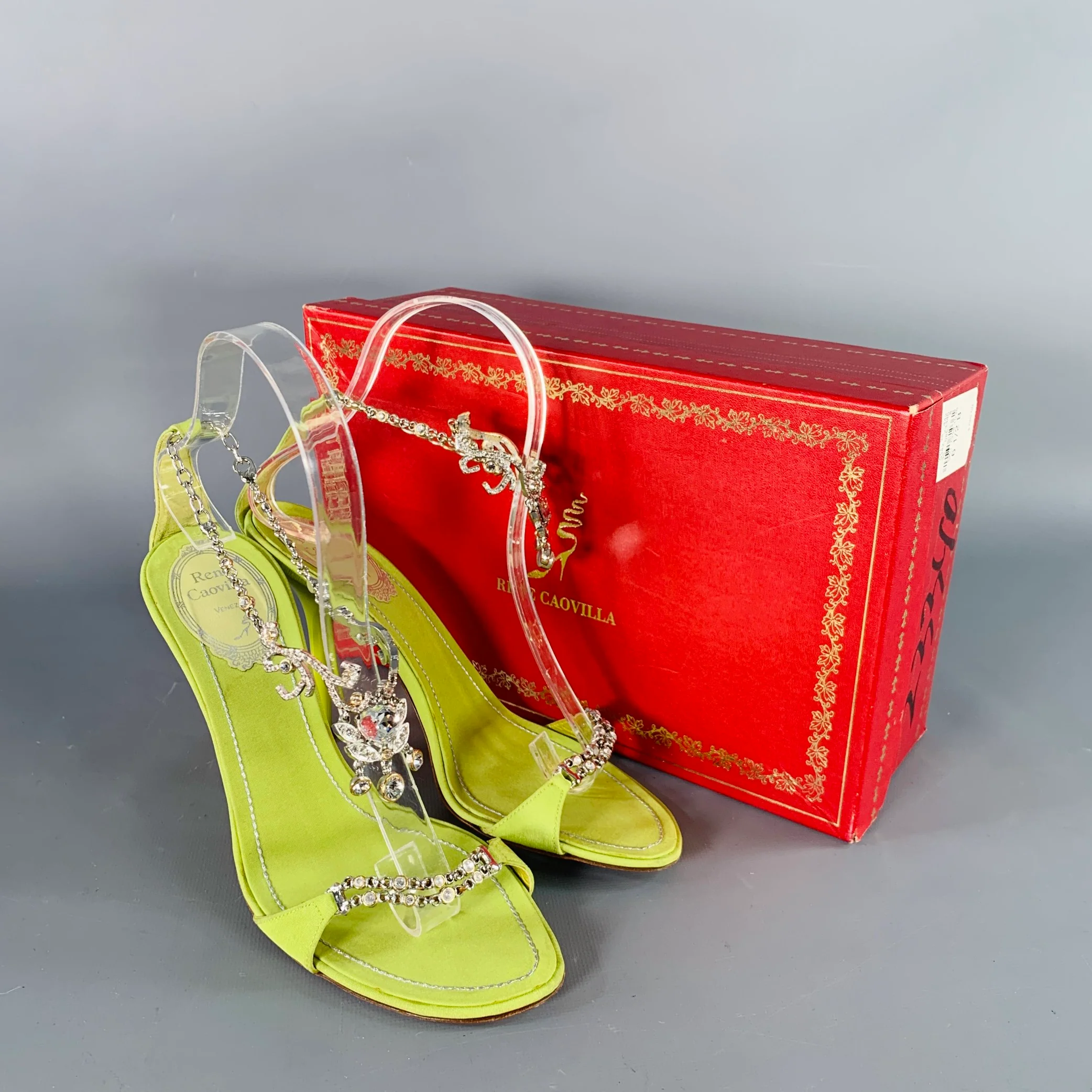 RENE CAOVILLA Size 6.5 Green Chartreuse Silk Rhinestones Strappy Sandals - Image 9