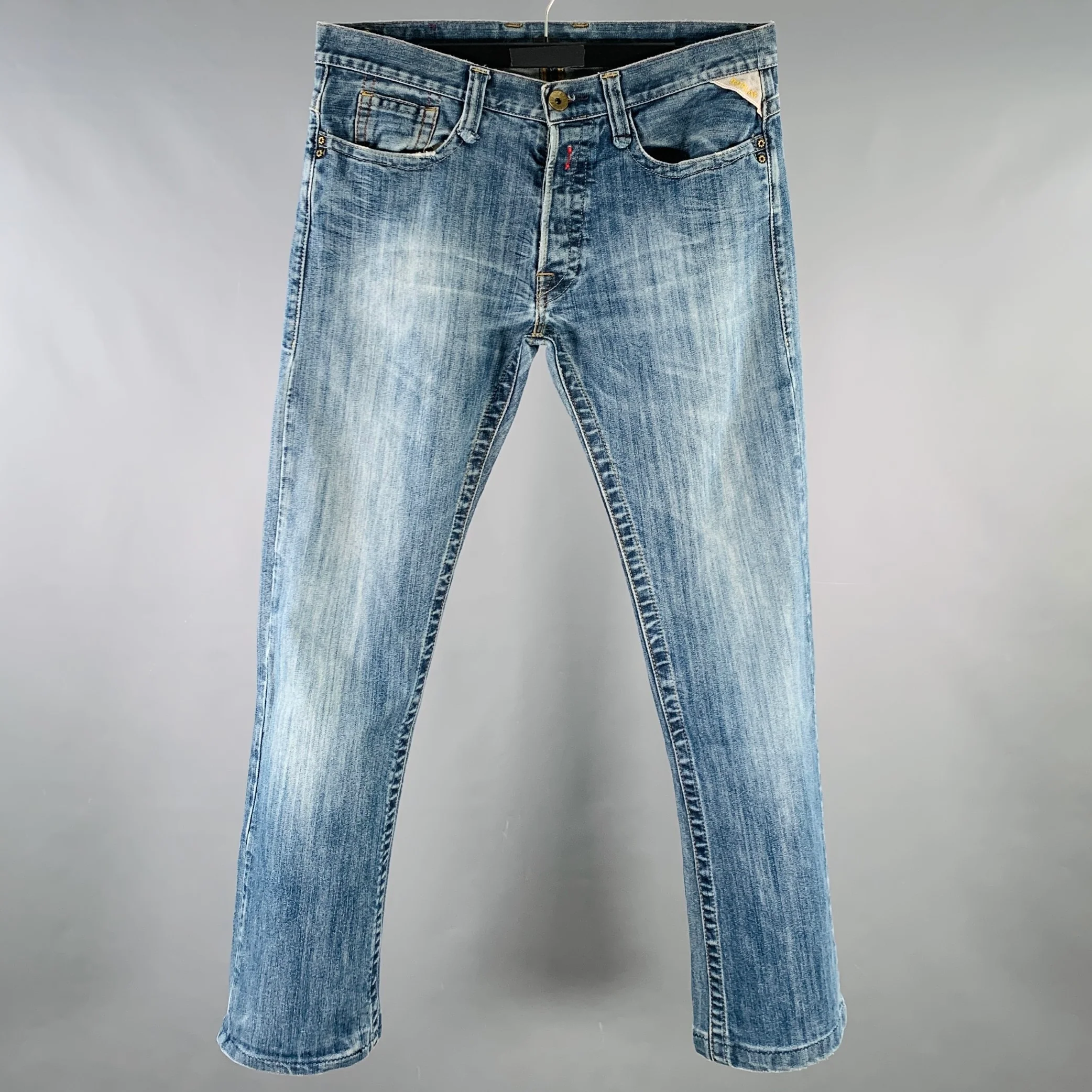 REPLAY Size 32 Blue Contrast Stitch Cotton Blend Straight Jeans