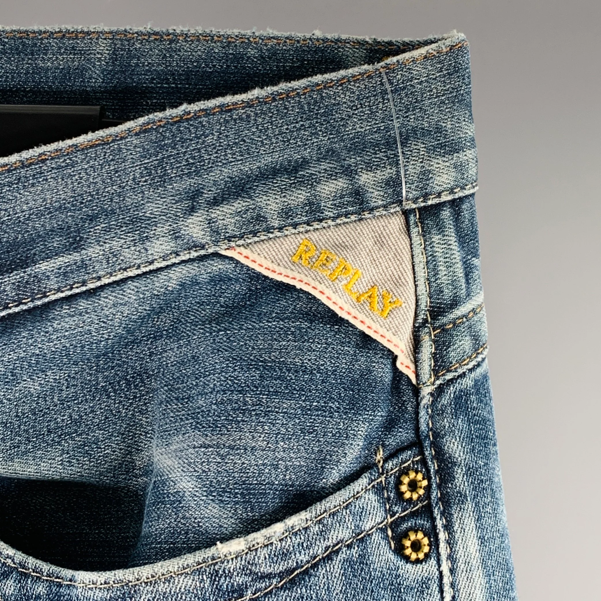 REPLAY Size 32 Blue Contrast Stitch Cotton Blend Straight Jeans - Image 2