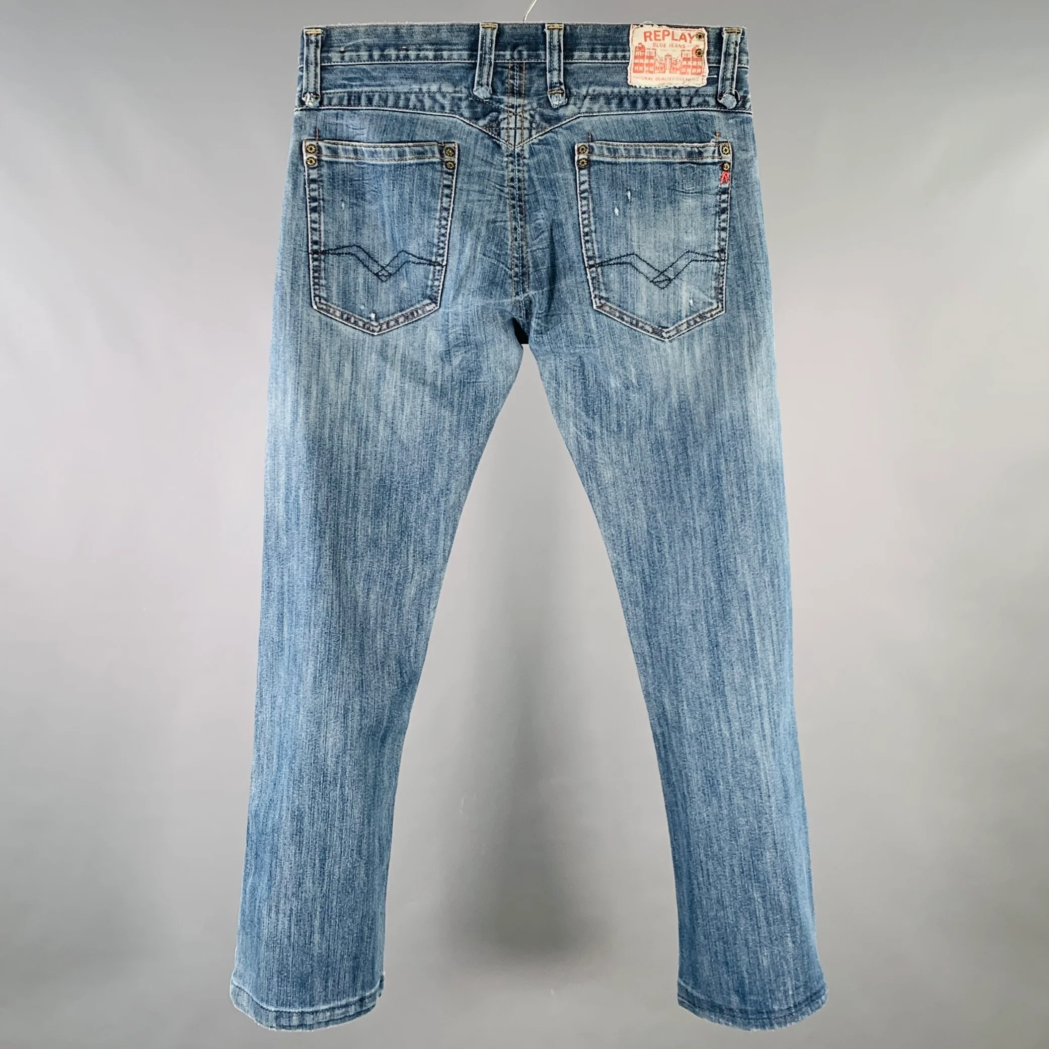REPLAY Size 32 Blue Contrast Stitch Cotton Blend Straight Jeans - Image 3