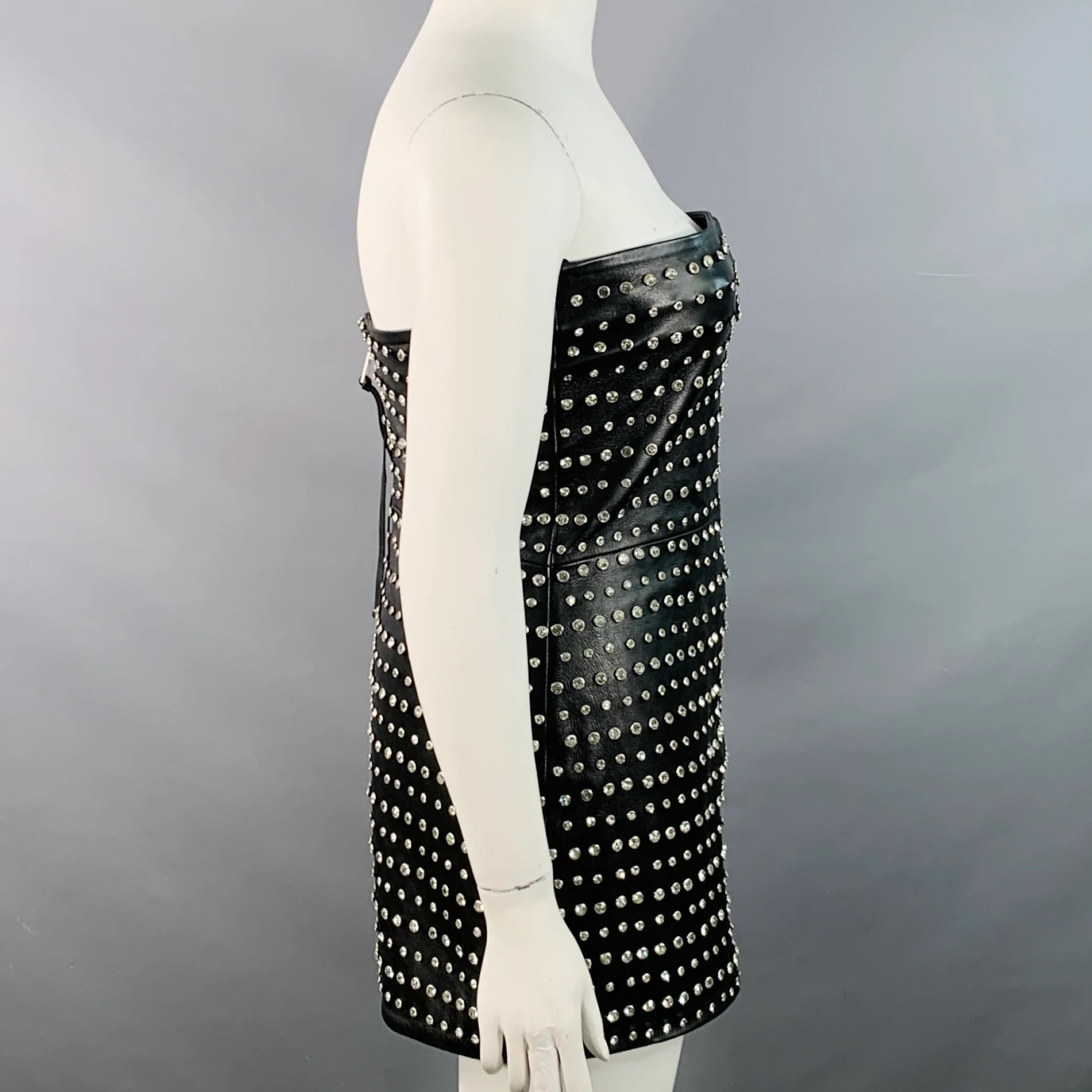 RETROFETE Size L Black Silver Leather Strapless Crystal Studded Mini Dress - Image 3