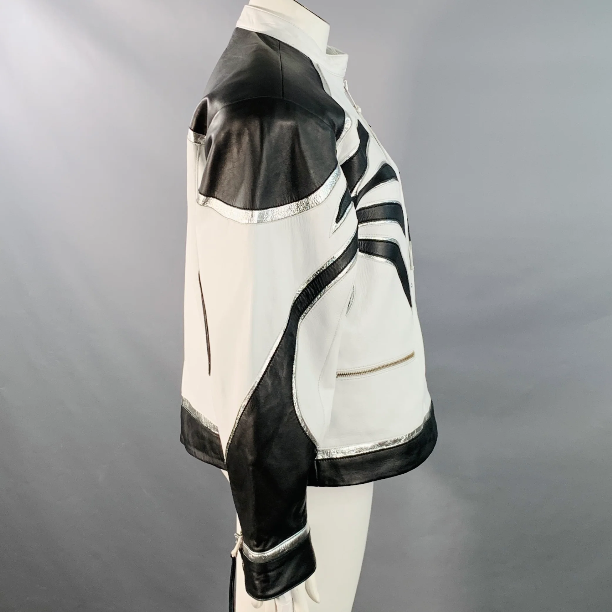 RETROFETE Size L Black White Silver Leather Padded Shoulders Zip Up Jacket - Image 2