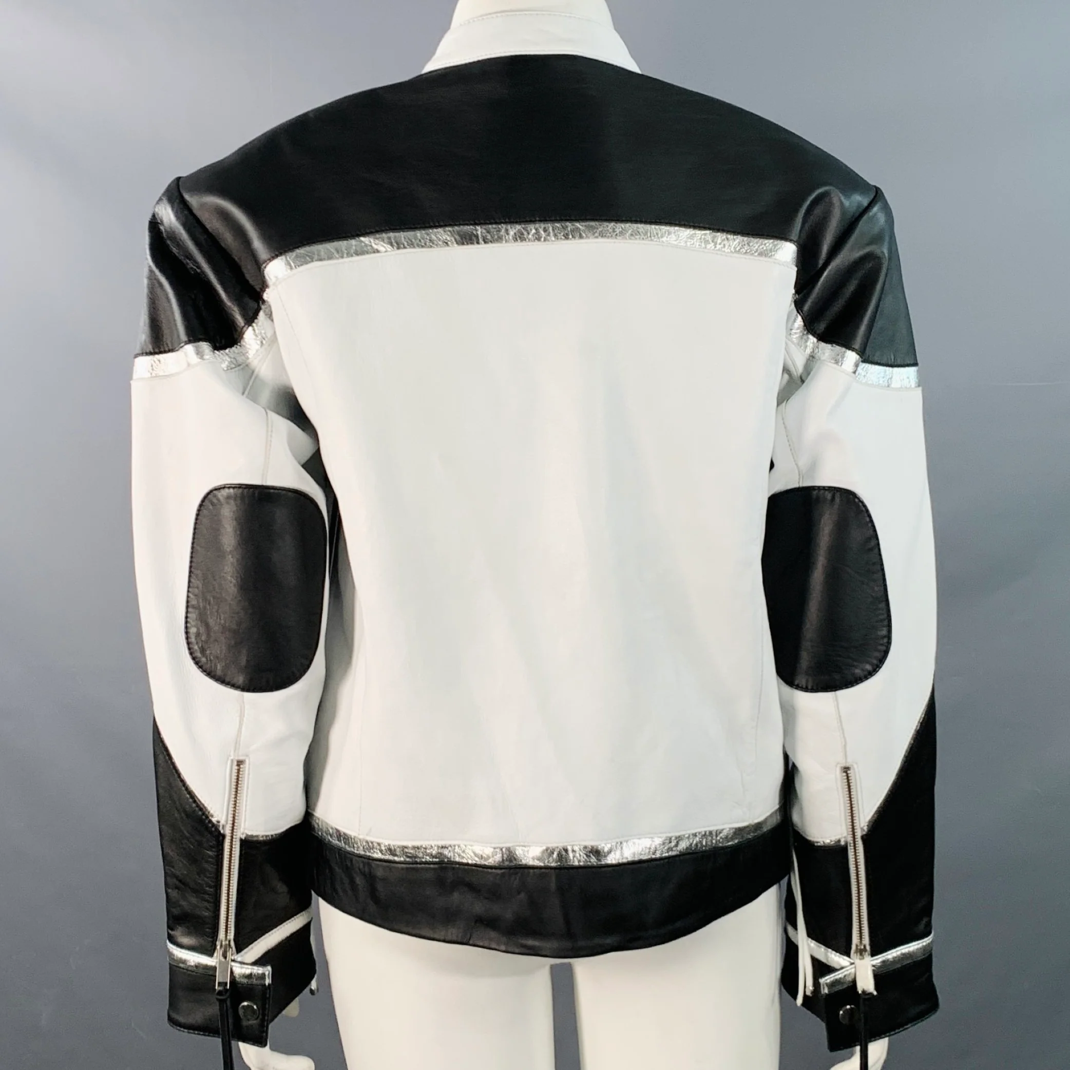 RETROFETE Size L Black White Silver Leather Padded Shoulders Zip Up Jacket - Image 3