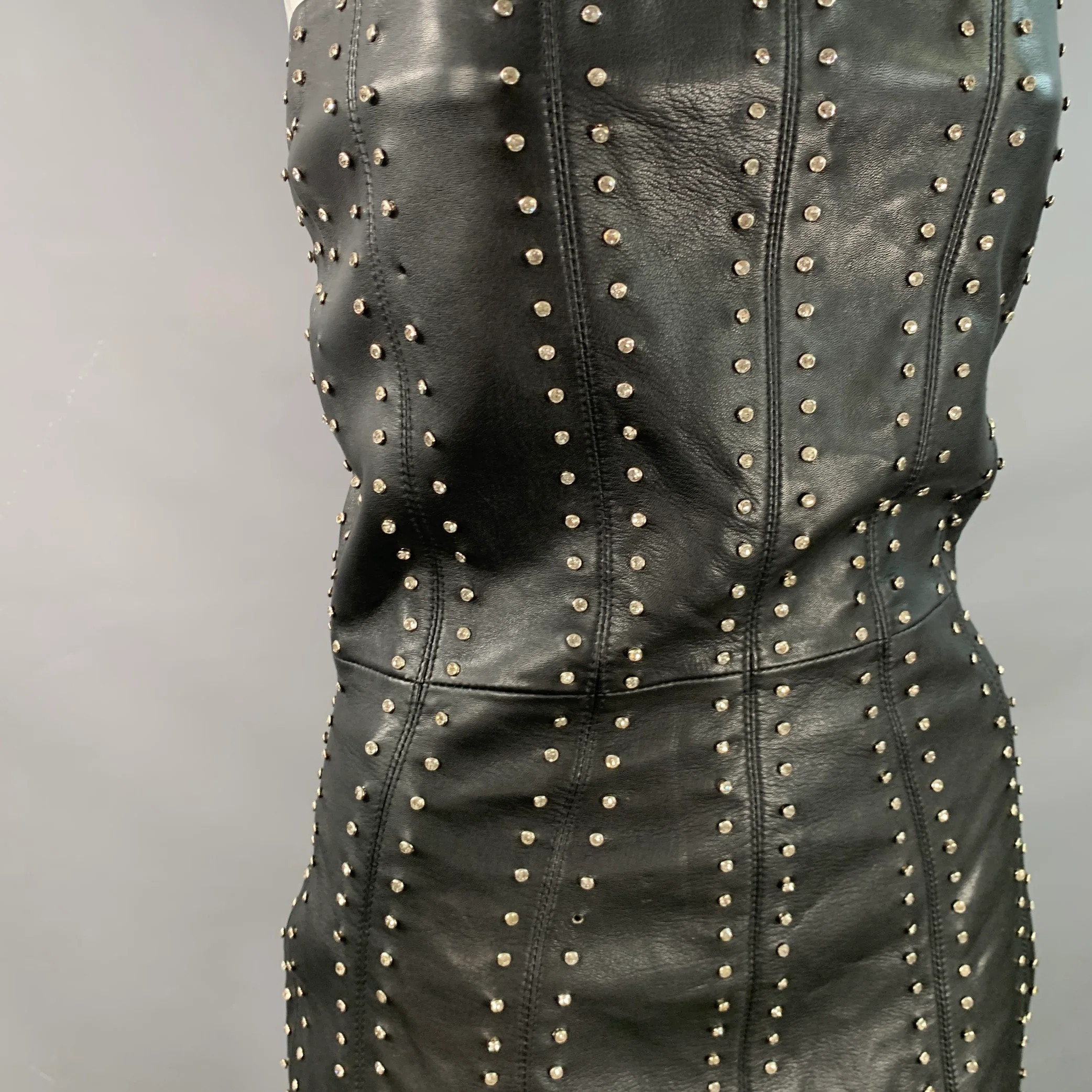 RETROFETE Size S Black Silver Leather Strapless Crystal Studded Mini Dress - Image 5