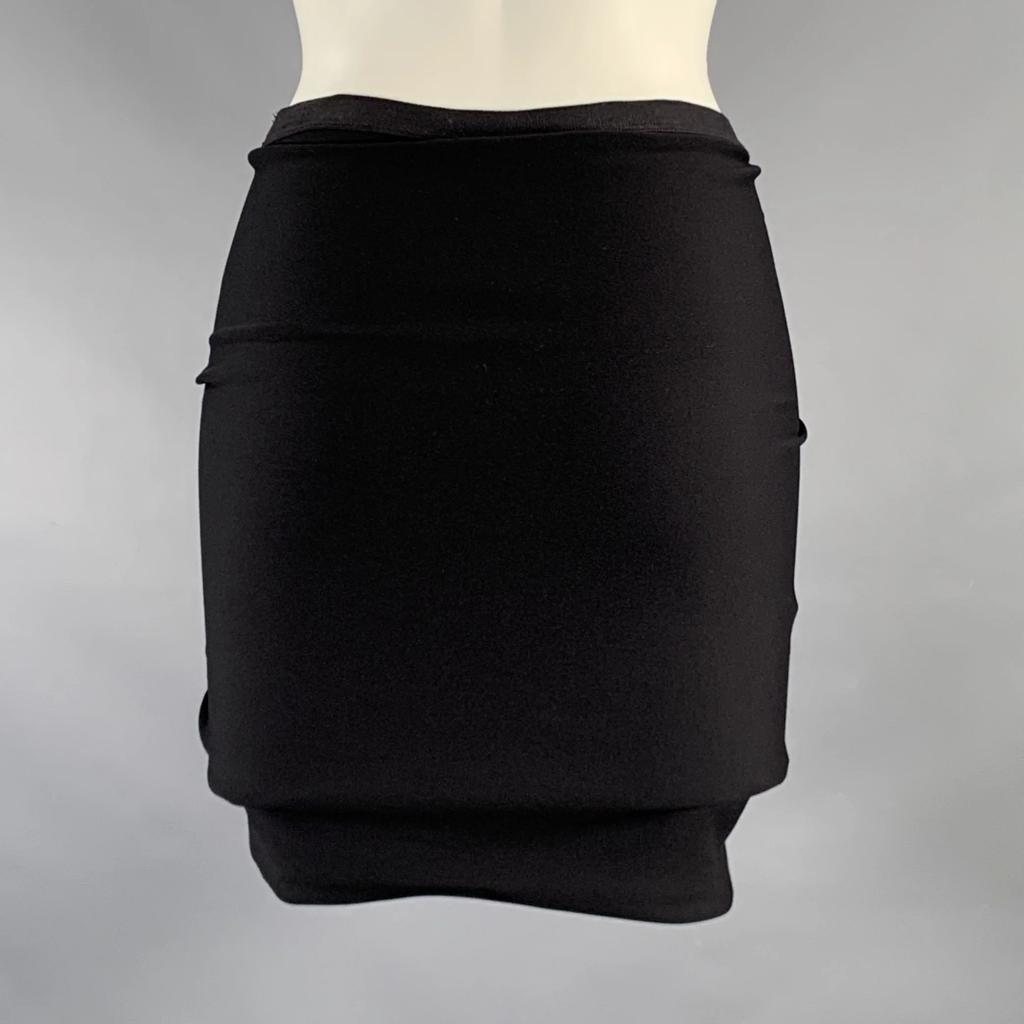 RICK OWENS Size 2 Black Nylon Eastane Ruched Asymmetrical Mini Skirt - Image 3