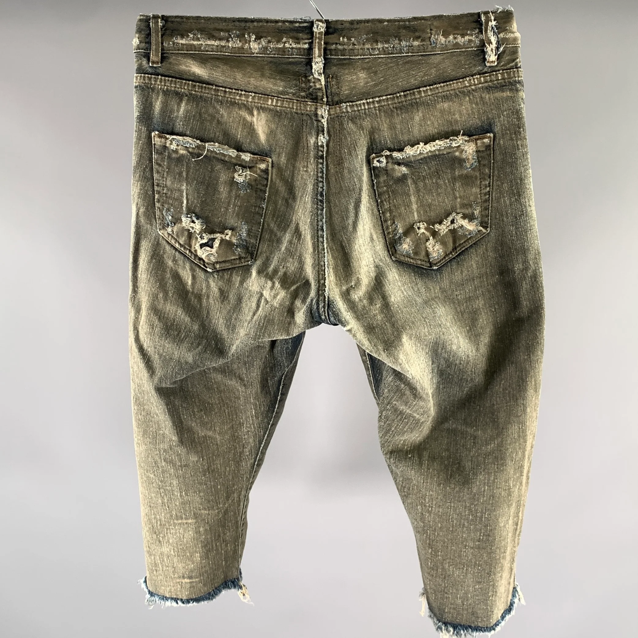 RICK OWENS Size 31 Tan Blue Distressed Cotton Shorts - Image 2