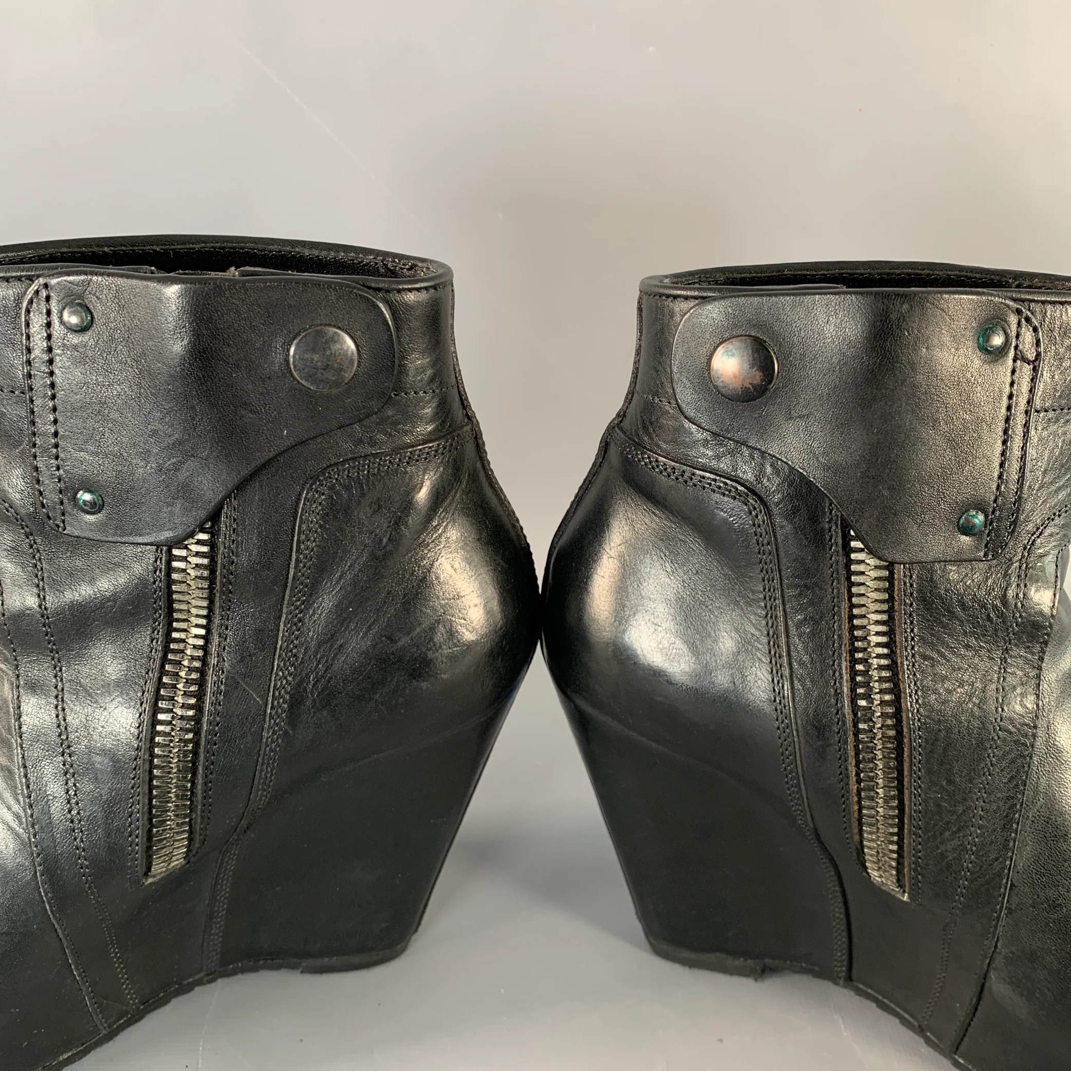 RICK OWENS Size 7.5 Black Leather Hidden Heel Side Zipper Wedge Pumps - Image 9