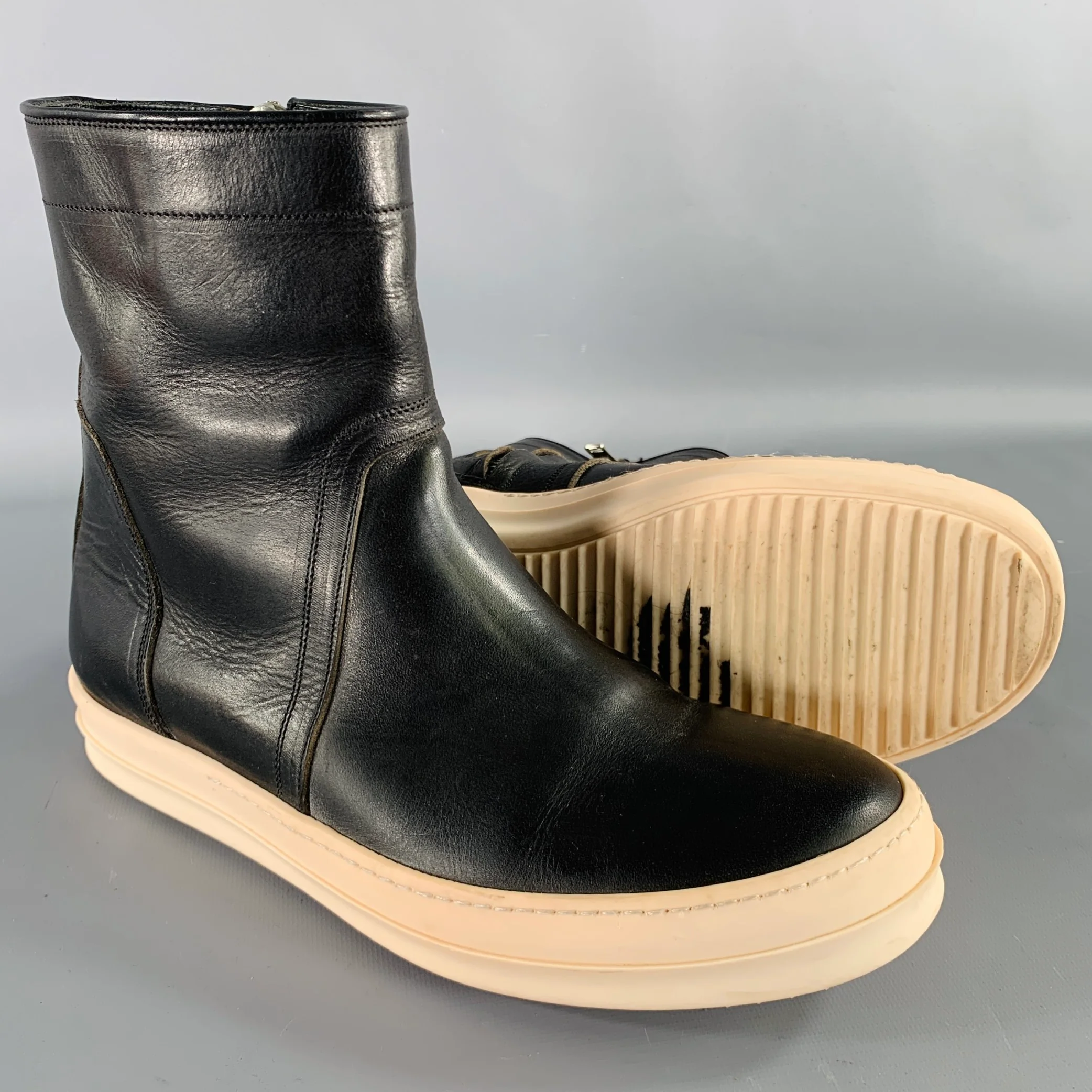 RICK OWENS Size 9 Black White Leather High Top Sneakers - Image 5