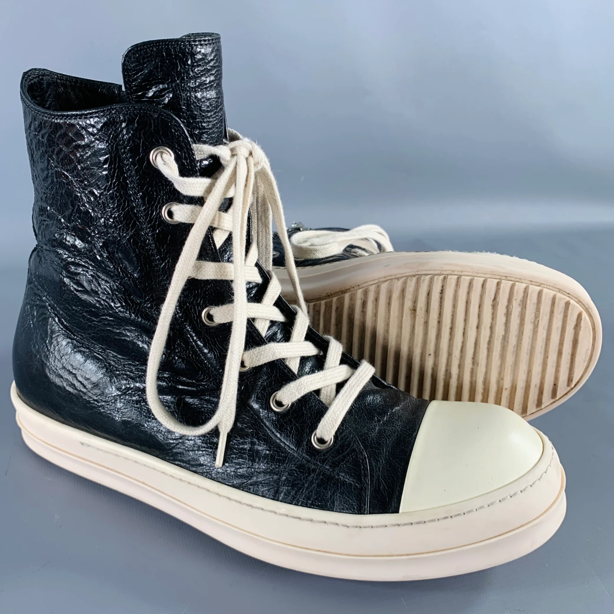 RICK OWENS Size 9 Black White Leather High Top Sneakers - Image 5