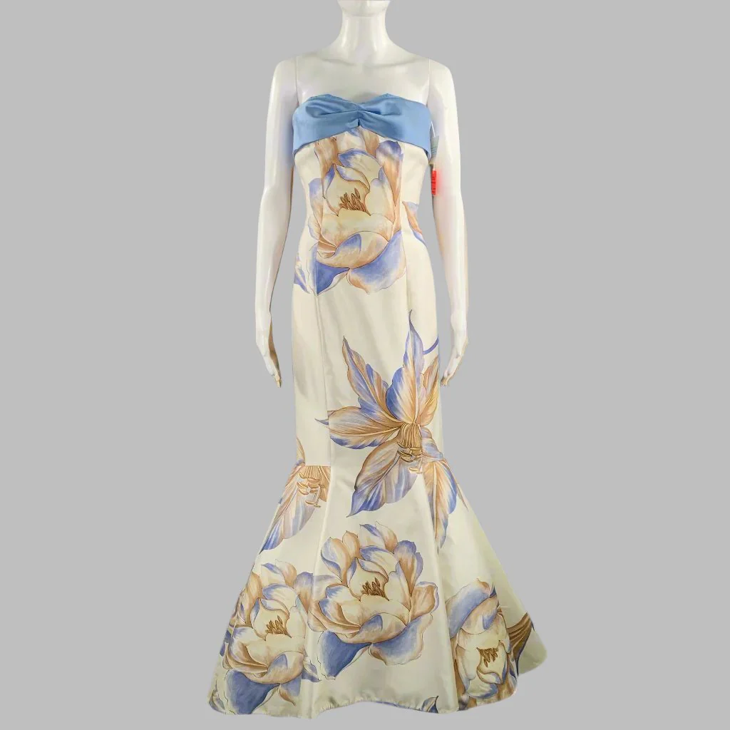 RIZIK BROS. Size 6 Cream Blue Tan Silk Floral Shawl Strapless Gown - Image 2