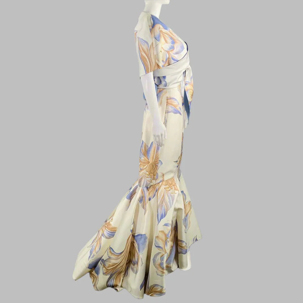 RIZIK BROS. Size 6 Cream Blue Tan Silk Floral Shawl Strapless Gown - Image 3