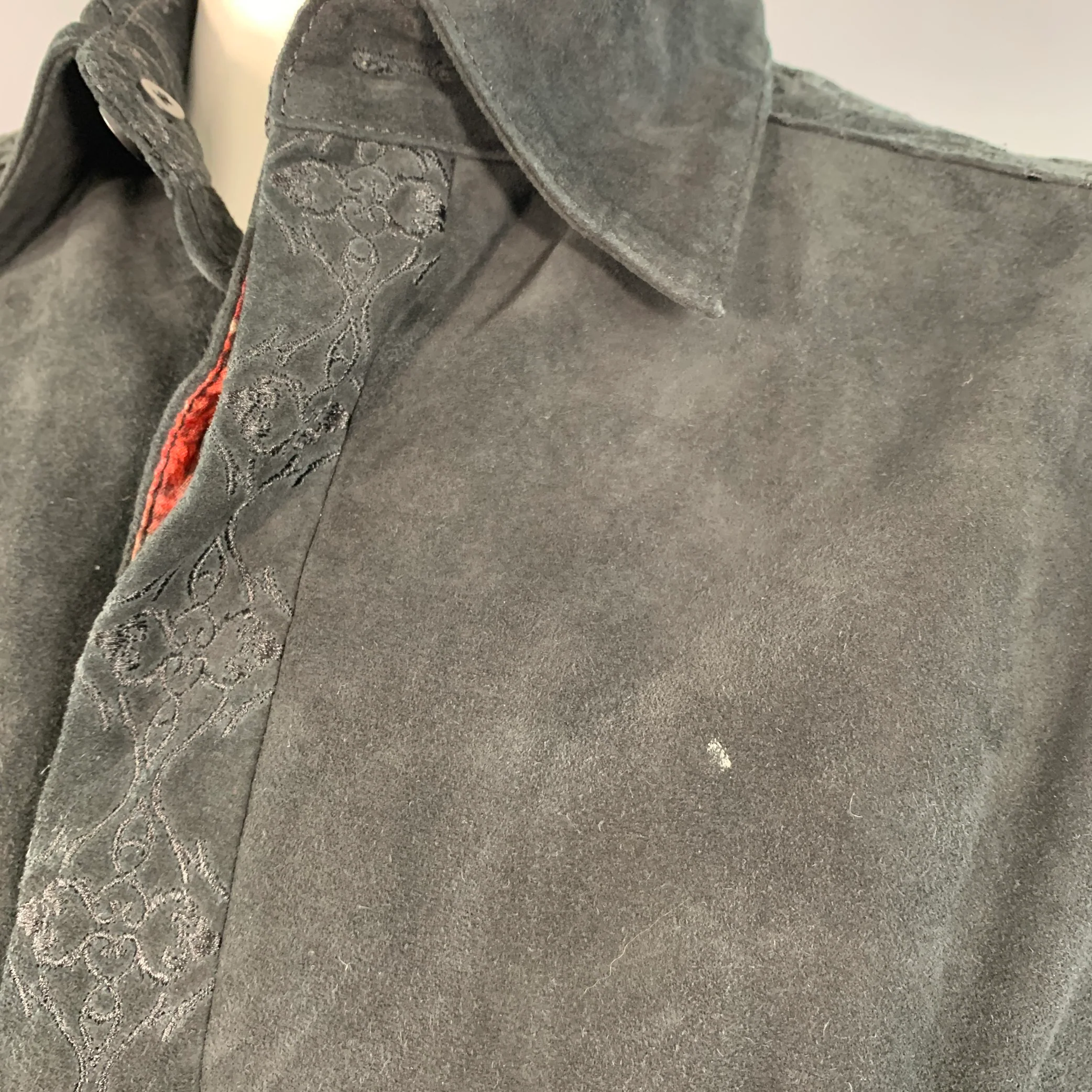ROBERT GRAHAM Size L Black Embroidery Suede Contrast Trim Long Sleeve Shirt - Image 5