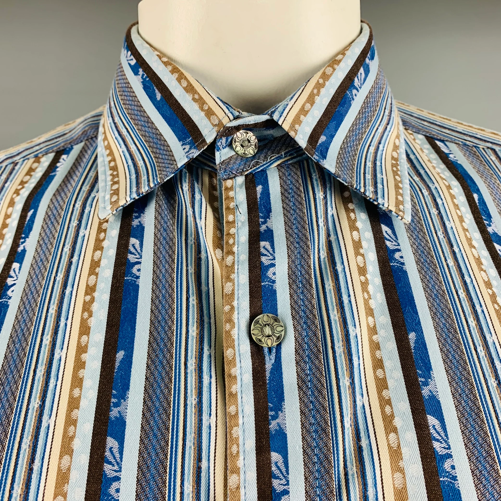 ROBERT GRAHAM Size L Blue Brown Stripe Cotton Button Up Long Sleeve Shirt - Image 2