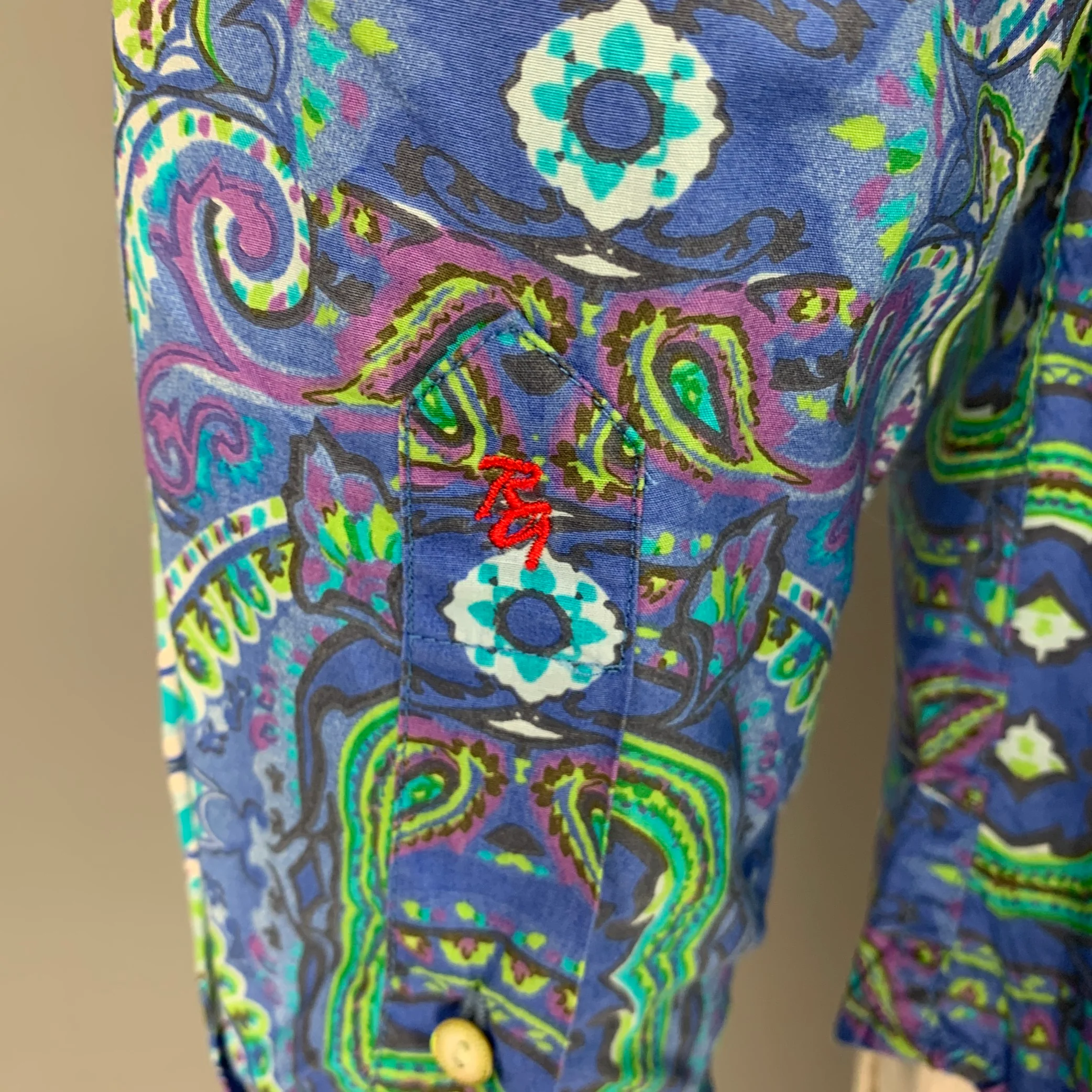 ROBERT GRAHAM Size L Blue Green Print Cotton Button Up Long Sleeve Shirt - Image 5