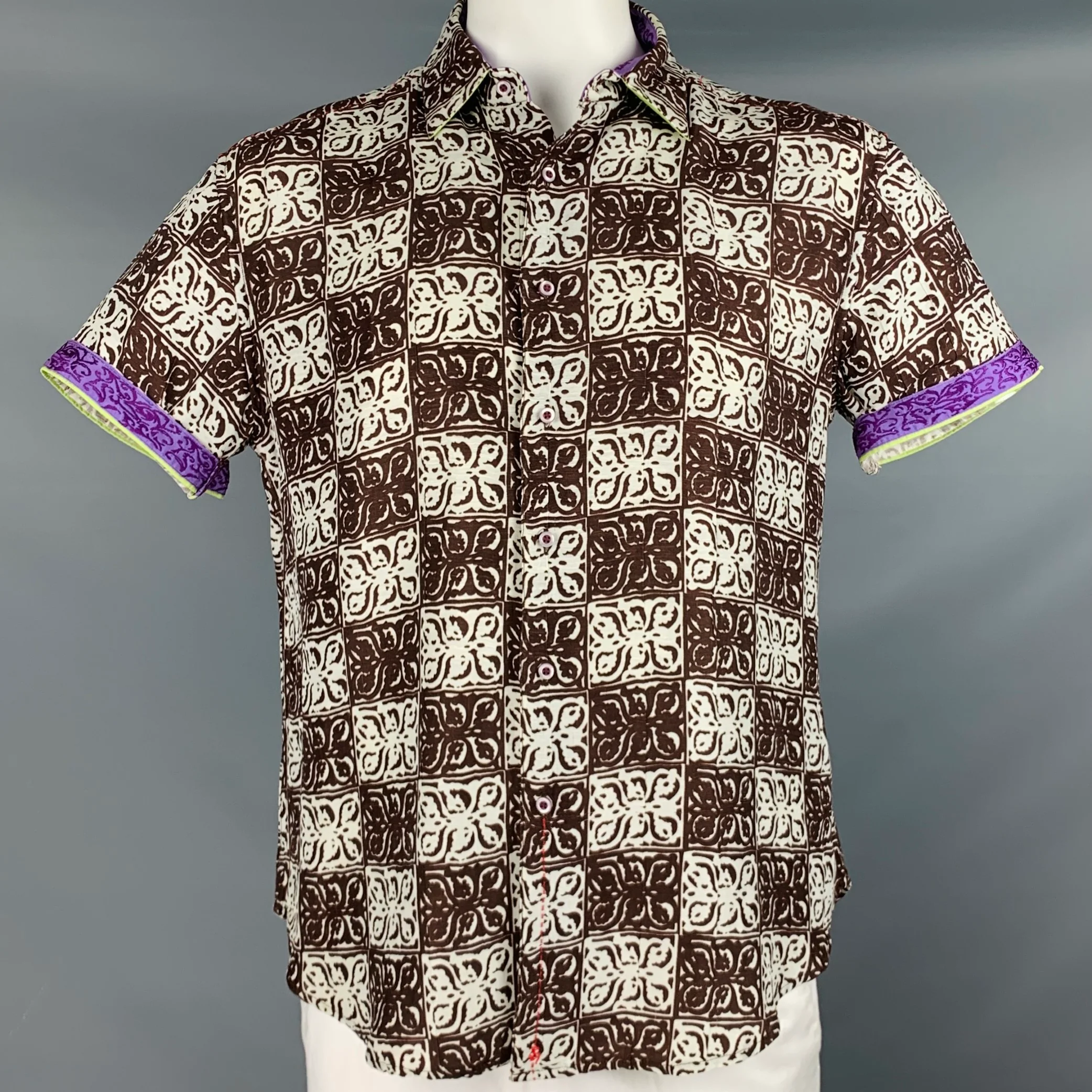 ROBERT GRAHAM Size L Brown White Print Linen Silk Button Up Short Sleeve Shirt