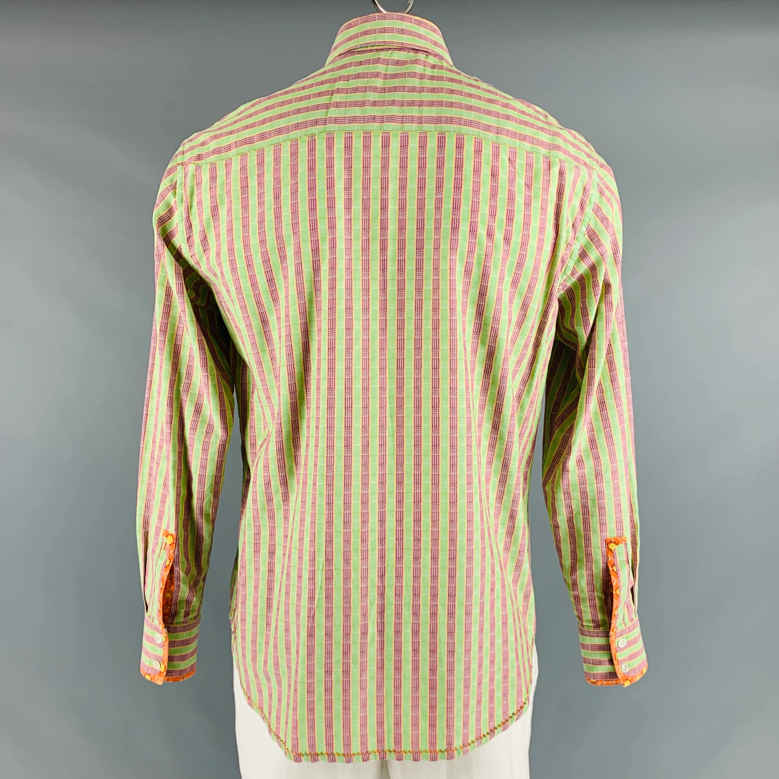 ROBERT GRAHAM Size L Green Navy & Orange Stripe Cotton Long Sleeve Shirt - Image 4