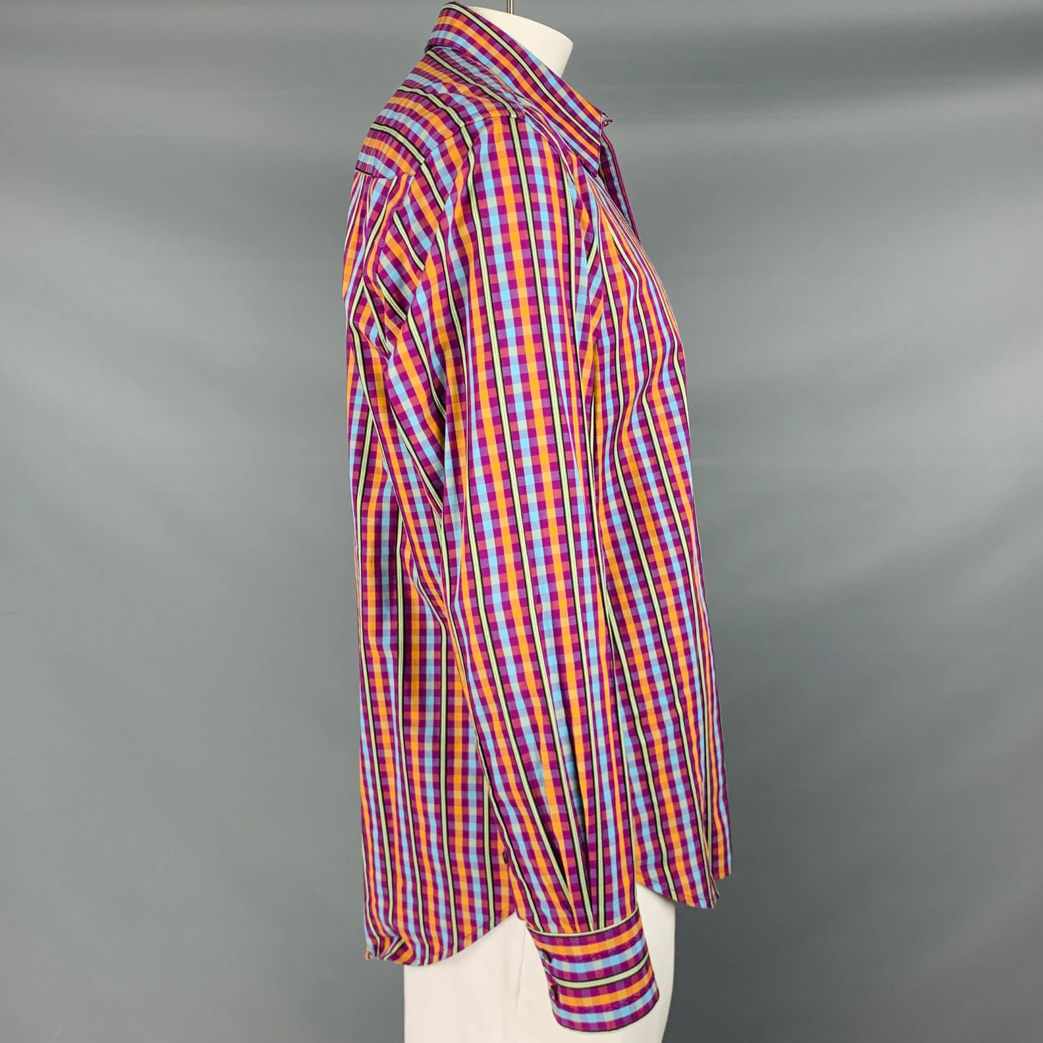 ROBERT GRAHAM Size L Purple Blue Orange Checkered Cotton Long Sleeve Shirt - Image 3