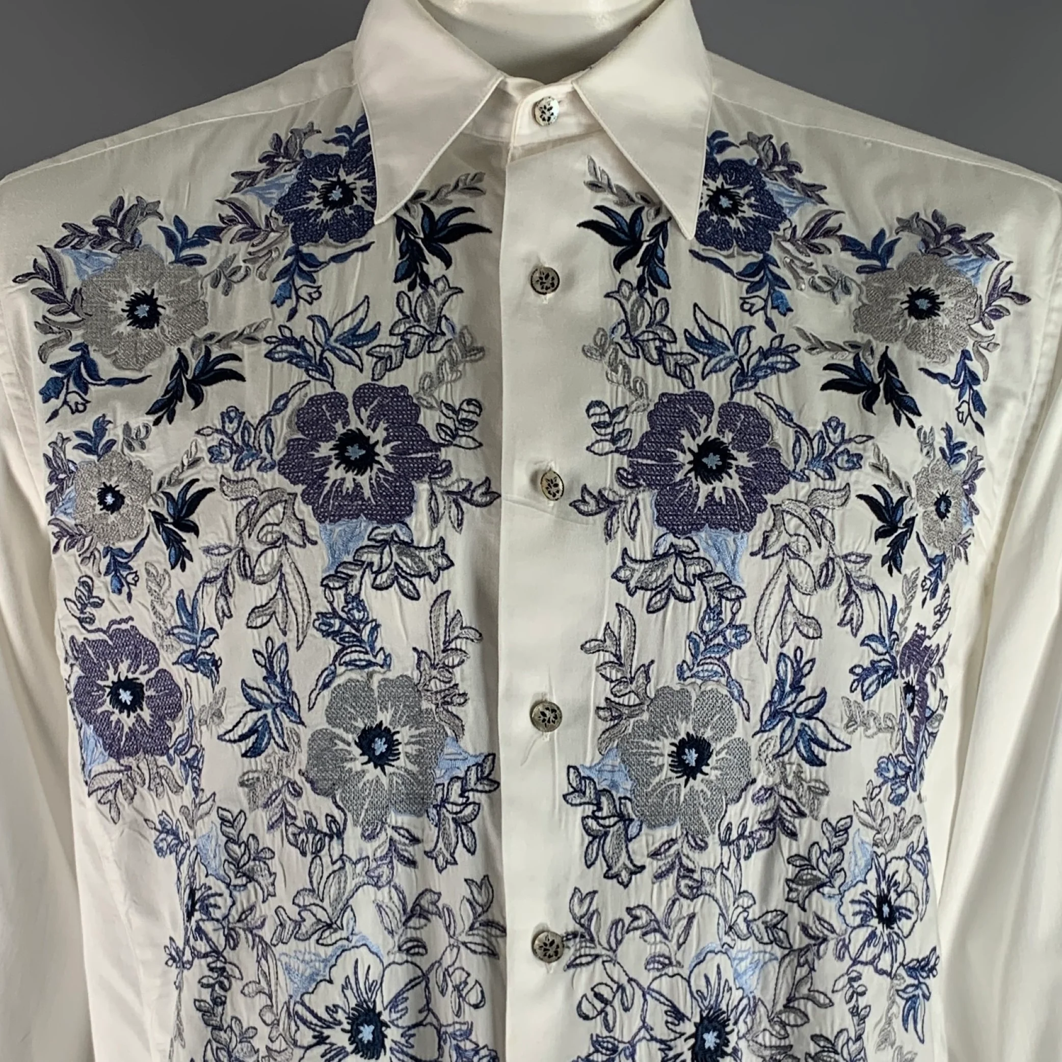 ROBERT GRAHAM Size L White Blue Floral Cotton Button Up Long Sleeve Shirt - Image 2