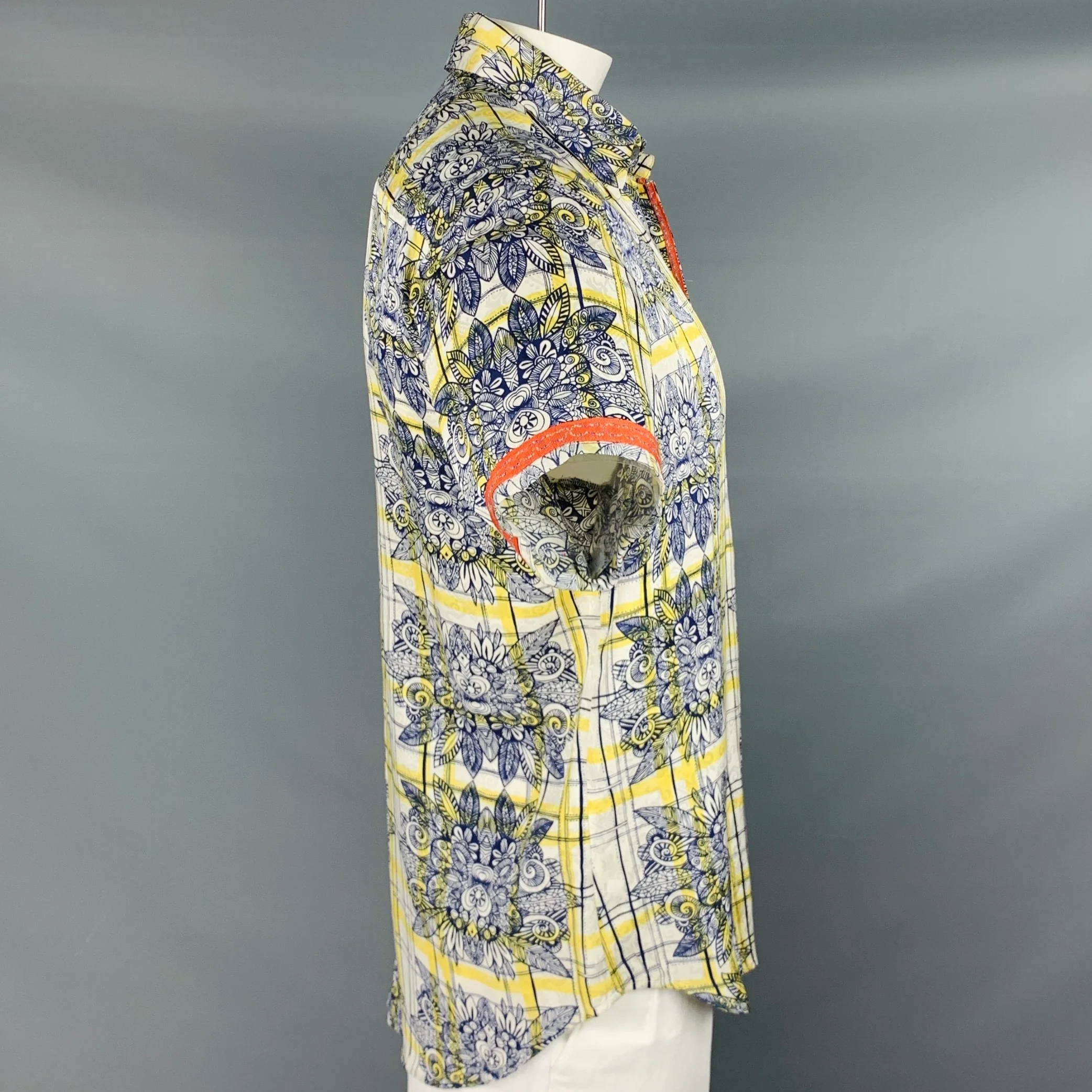 ROBERT GRAHAM Size L White Navy Yellow Print Silk Button Up Short Sleeve Shirt - Image 2
