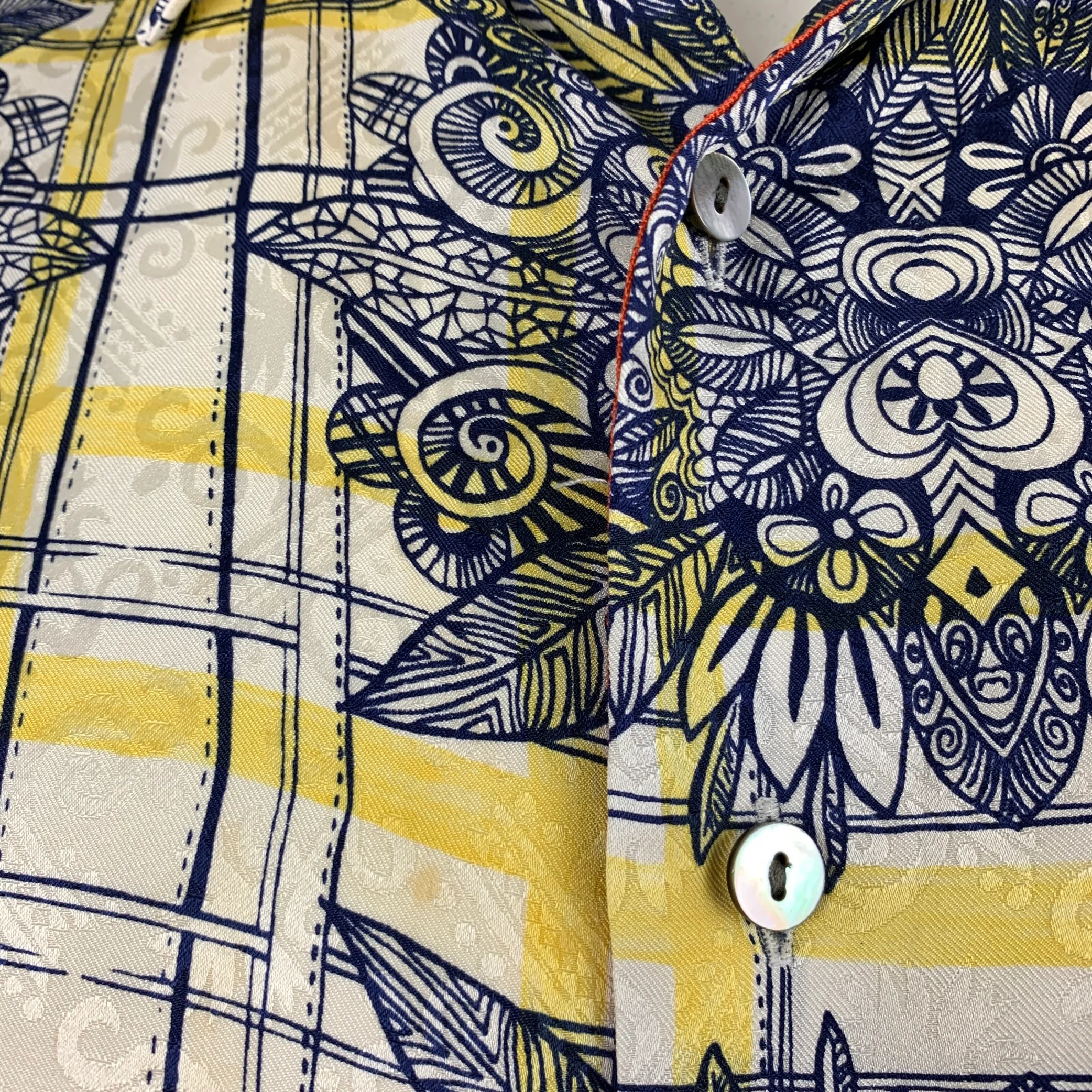 ROBERT GRAHAM Size L White Navy Yellow Print Silk Button Up Short Sleeve Shirt - Image 6