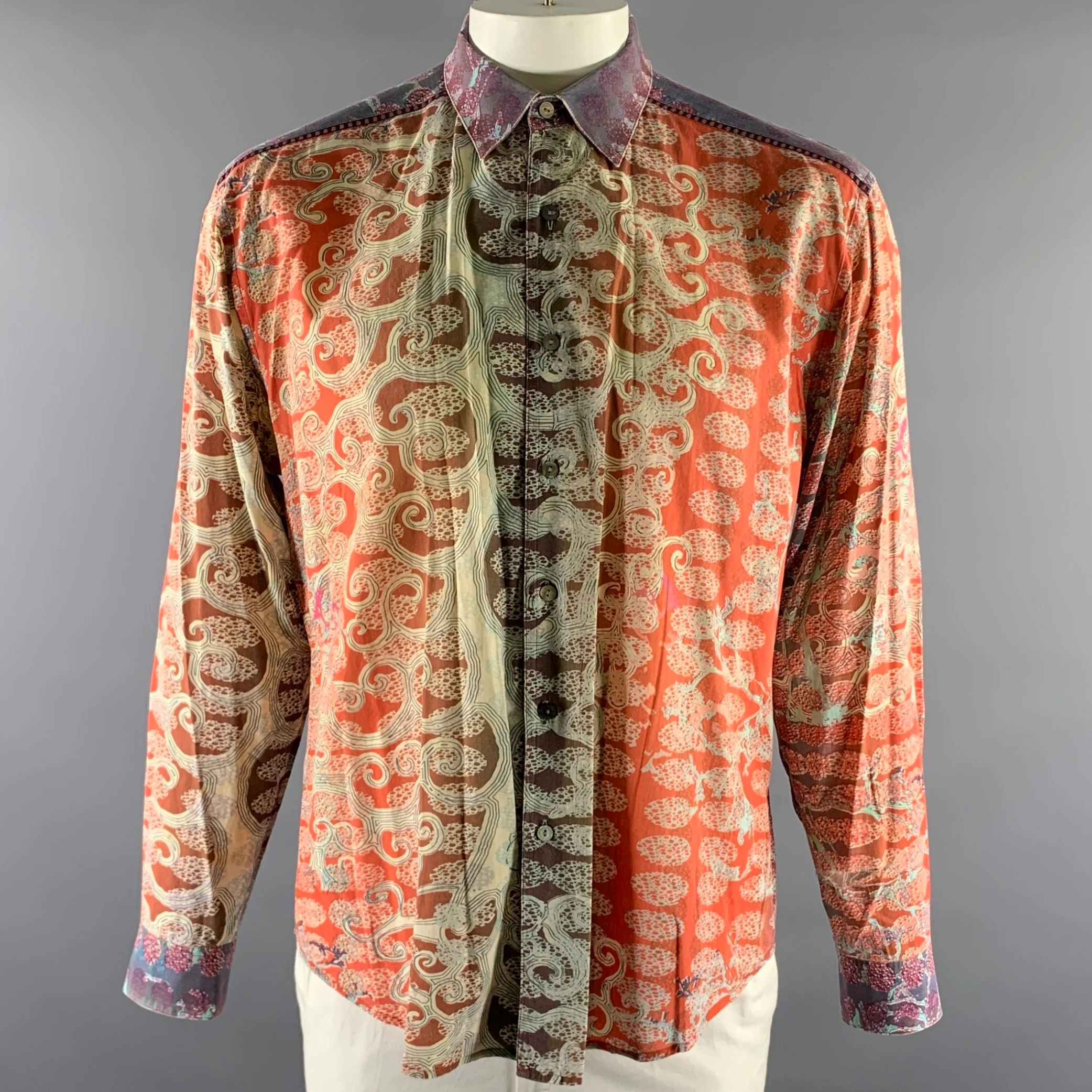 ROBERT GRAHAM Size XL Orange Abstract Cotton Long Sleeve Shirt