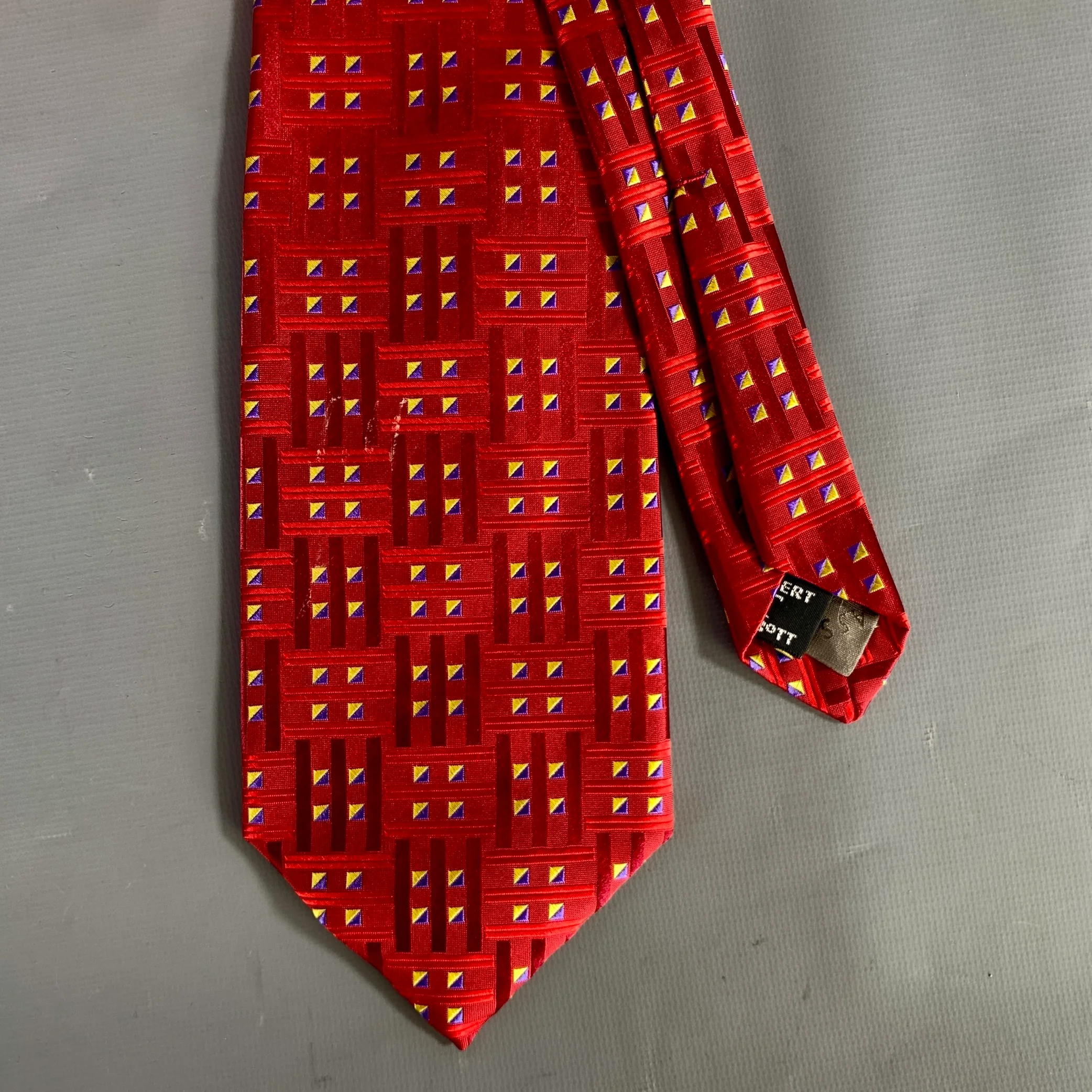 ROBERT TALBOTT Burgundy Navy yellow Geometric Silk Tie