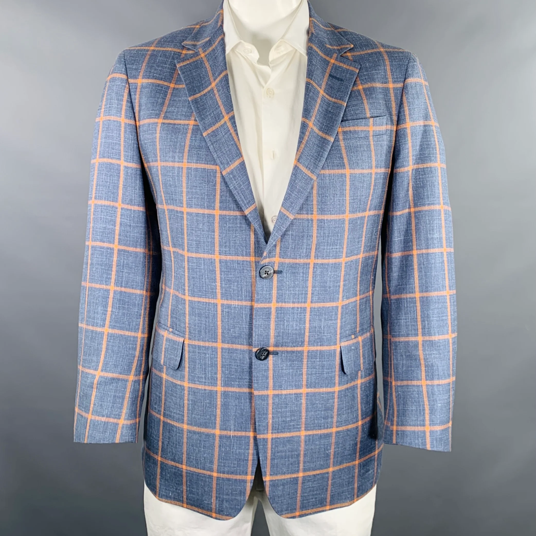 ROBERT TALBOTT Size 42 Blue Orange Window Pane Notch Lapel Sport Coat