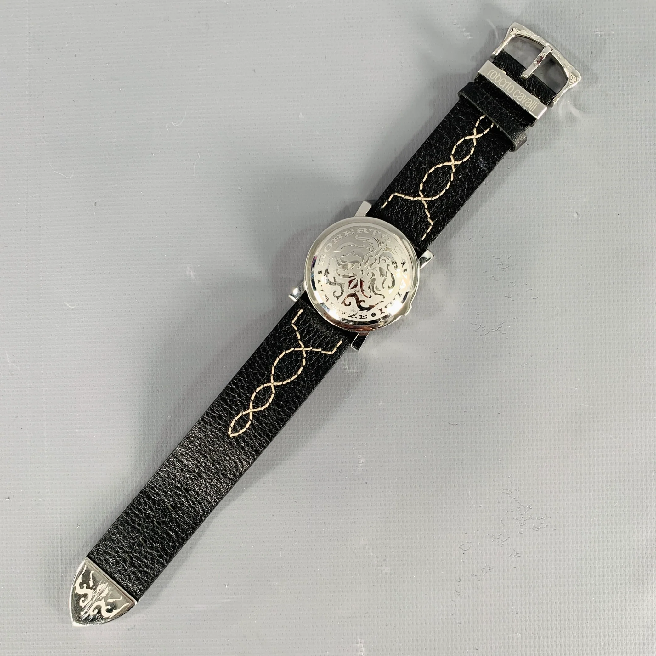 ROBERTO CAVALLI Black Silver Embroidered Leather Stainless Steel Watch - Image 3