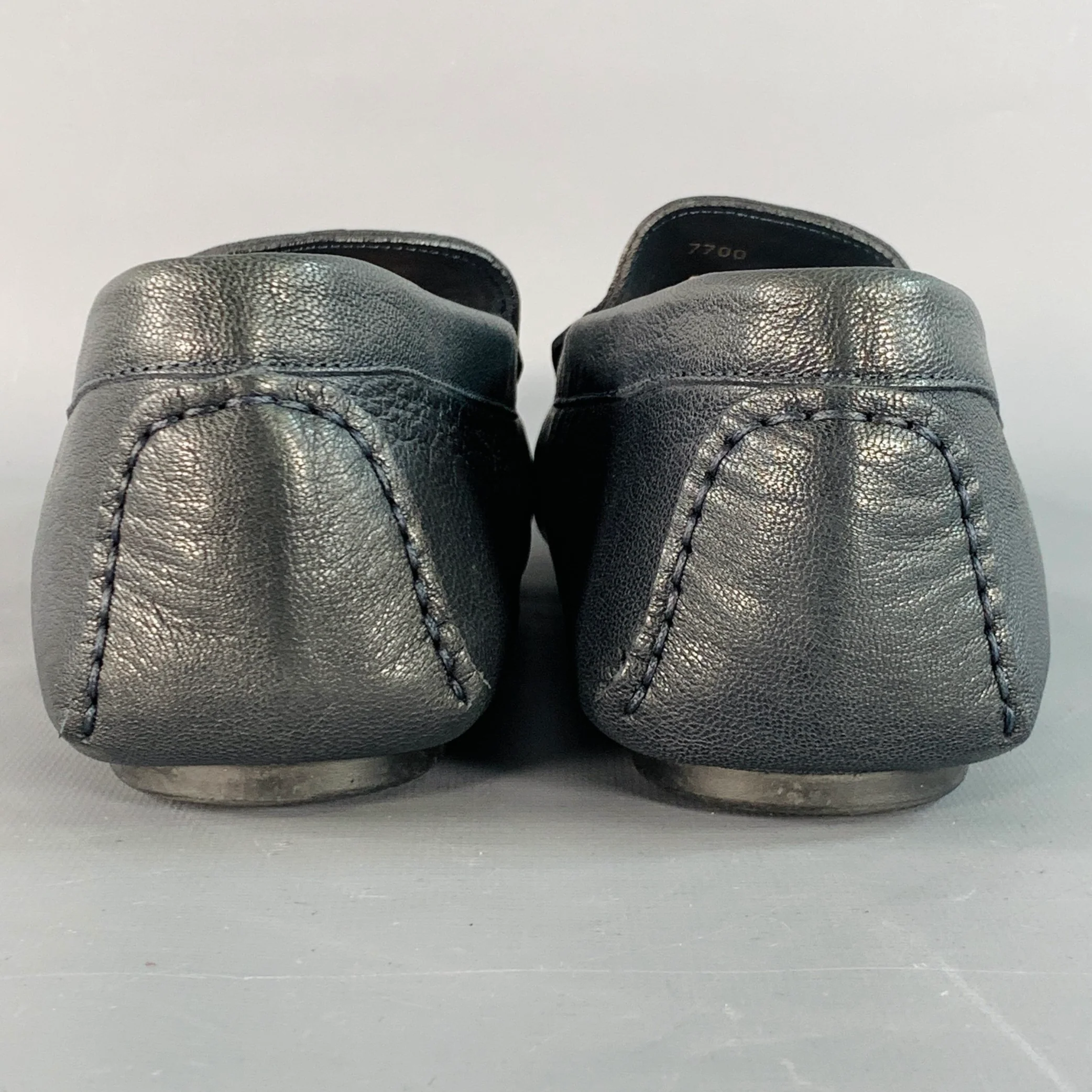 ROBERTO CAVALLI Size 11.5 Navy Silver Logo Embroidery Leather Drivers Loafers - Image 3
