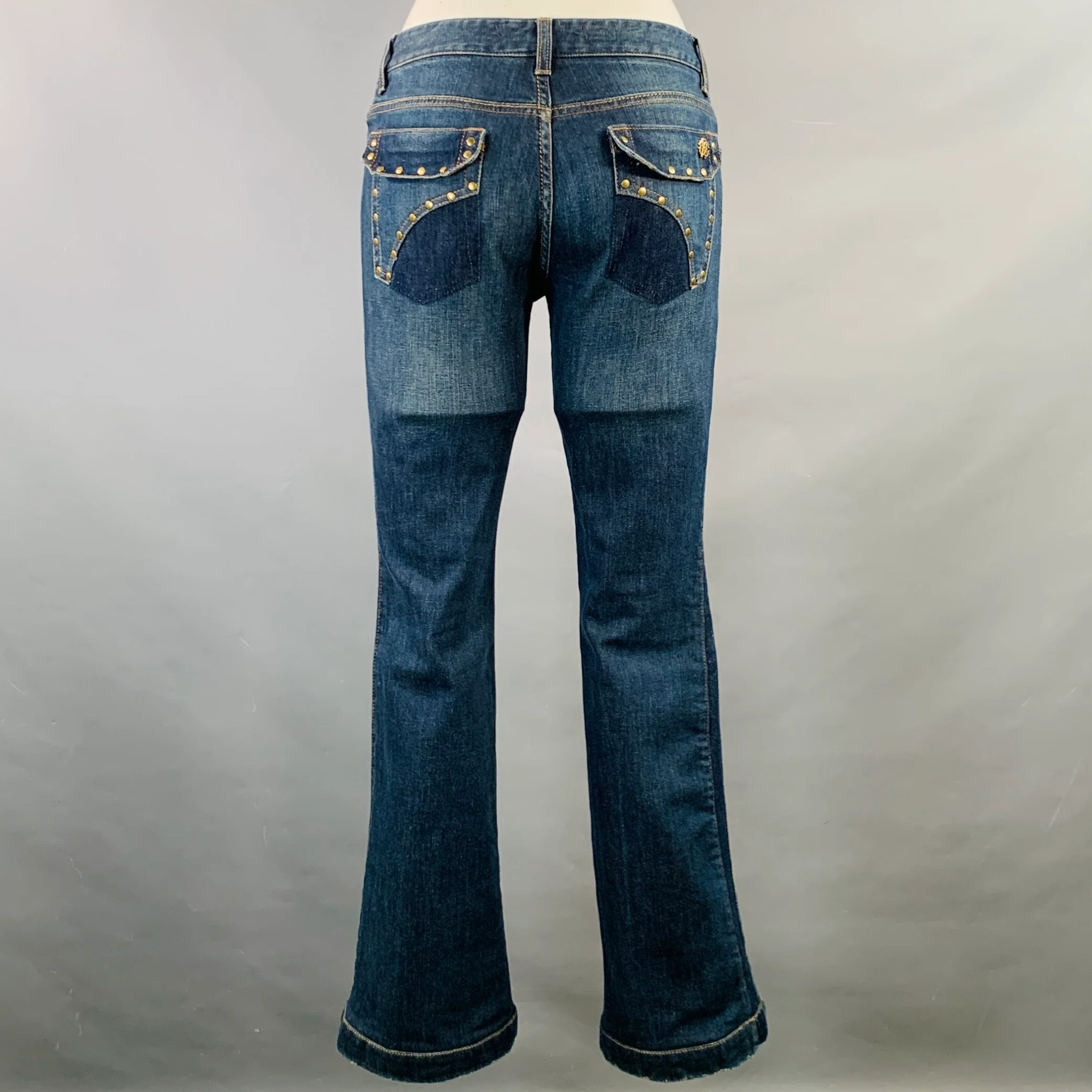 ROBERTO CAVALLI Size 2 Blue Cotton Blend Low Rise Studded Twill Flared Jeans - Image 3