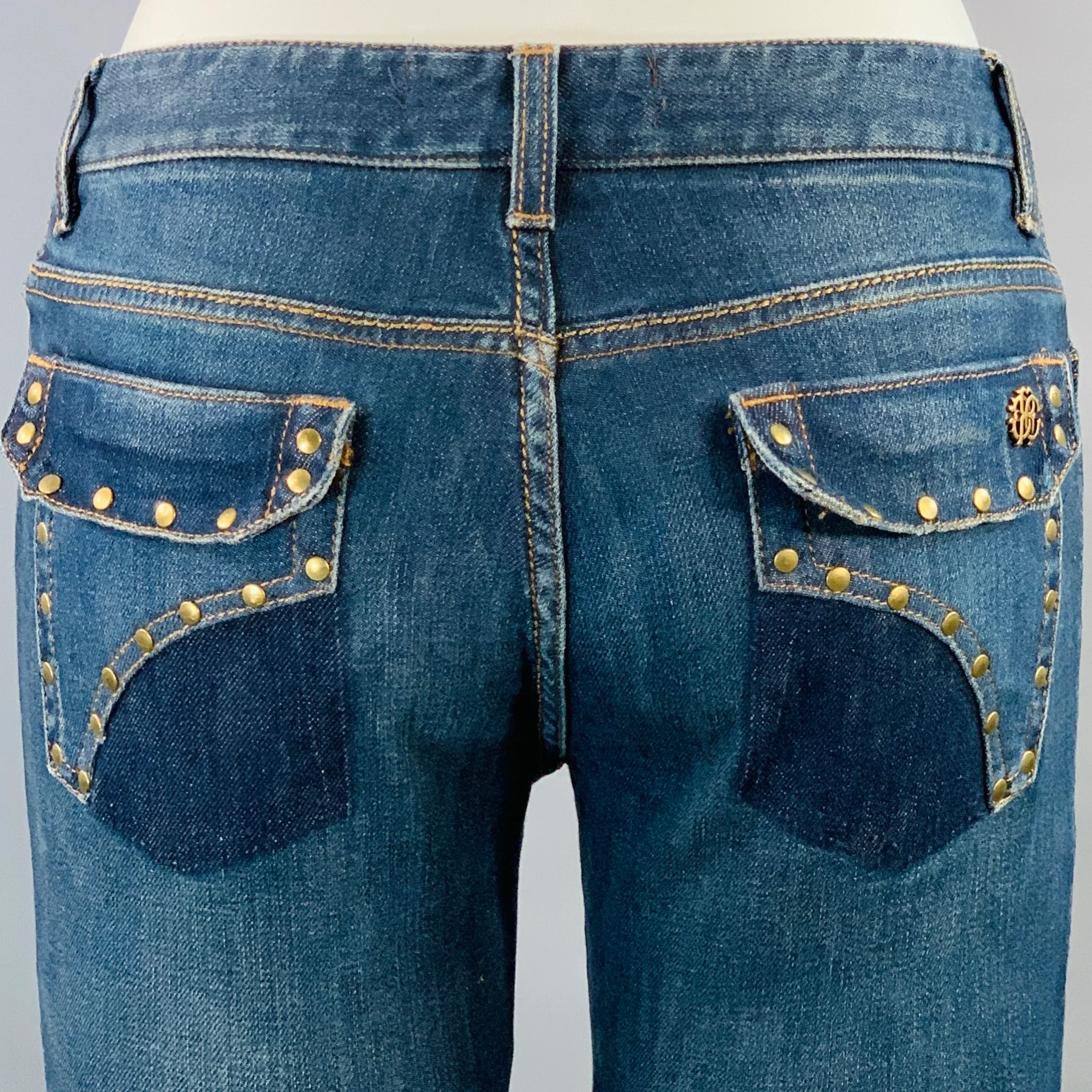 ROBERTO CAVALLI Size 2 Blue Cotton Blend Low Rise Studded Twill Flared Jeans - Image 4