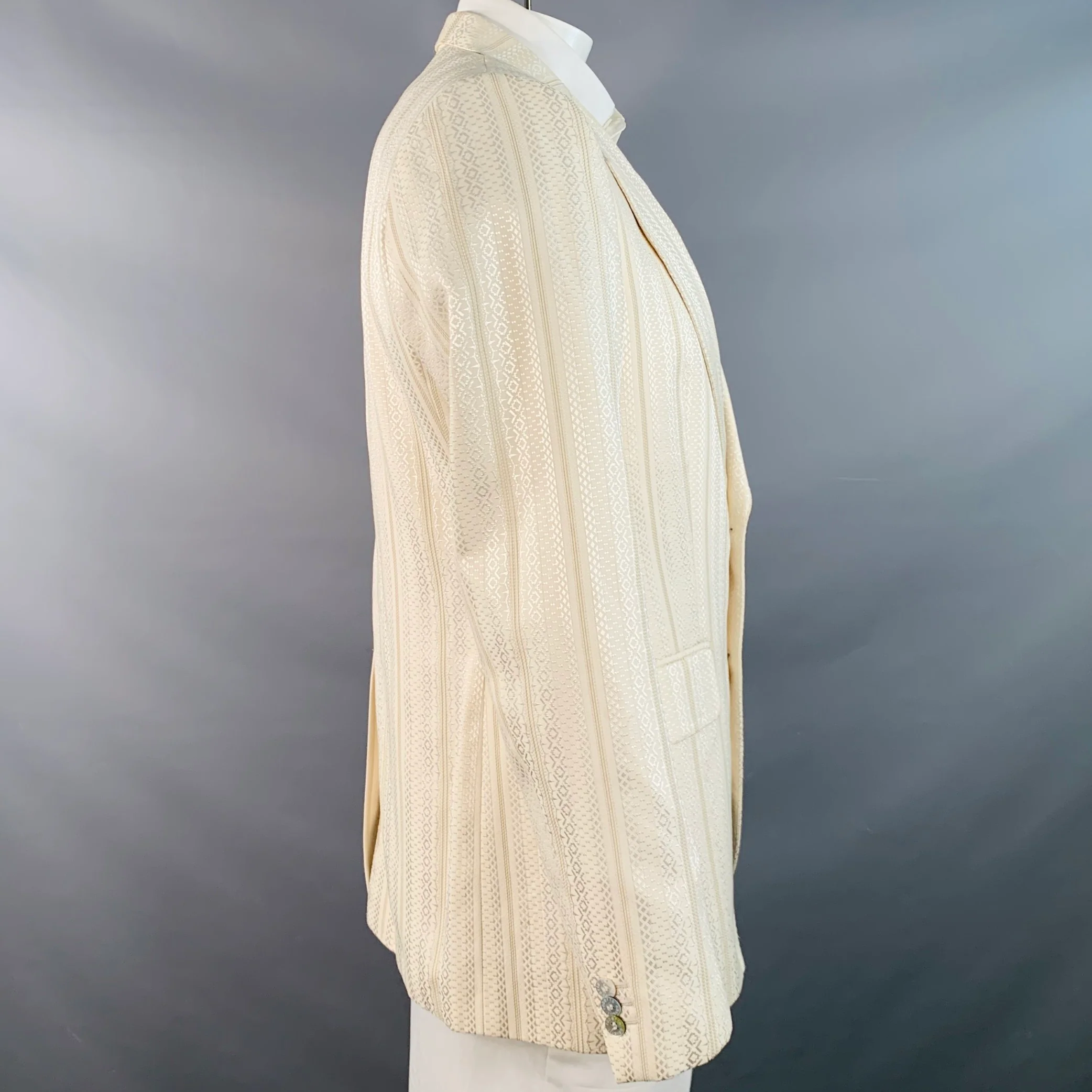 ROBERTO CAVALLI Size 44 Cream Silver Geometric Cotton Blend Jacquard Sport Coat - Image 3