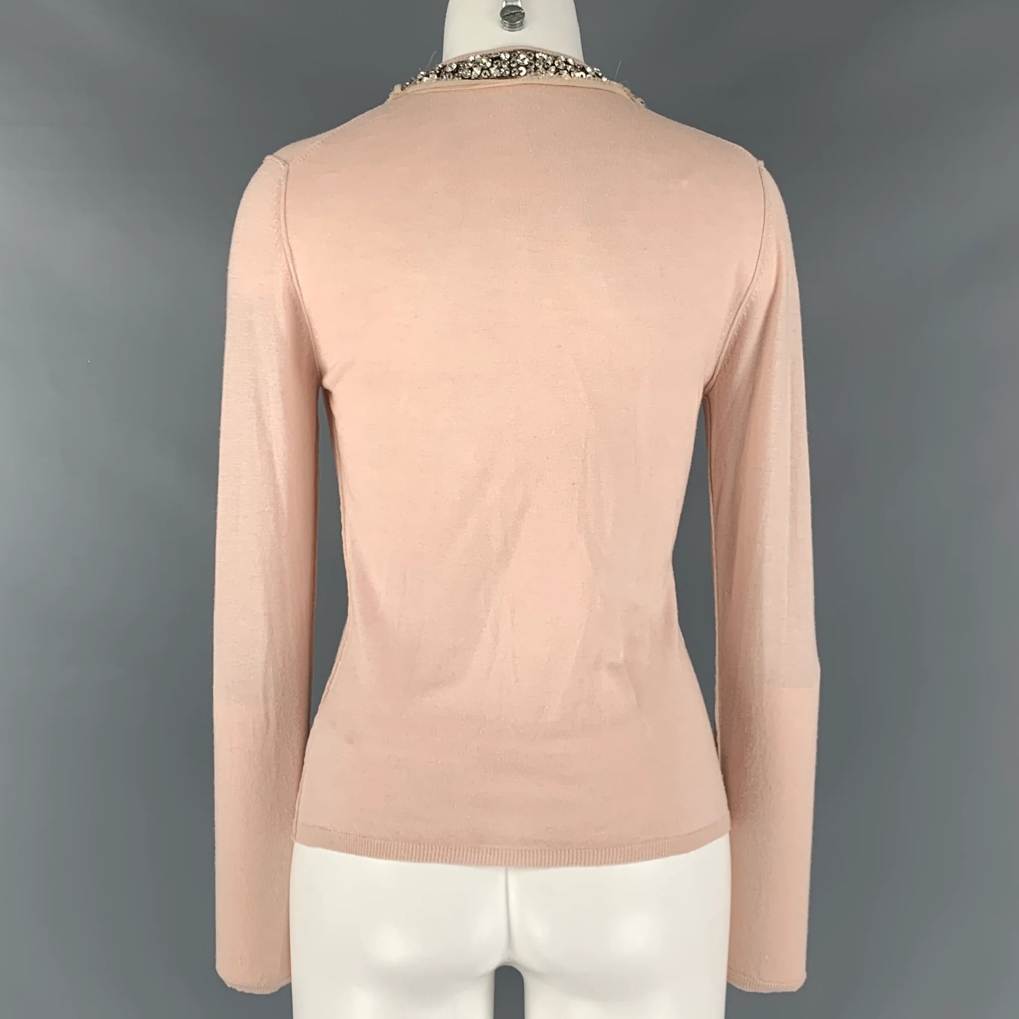 ROBERTO CAVALLI Size M Pink Cashmere Silk Rhinestones V-Neck Pullover - Image 4