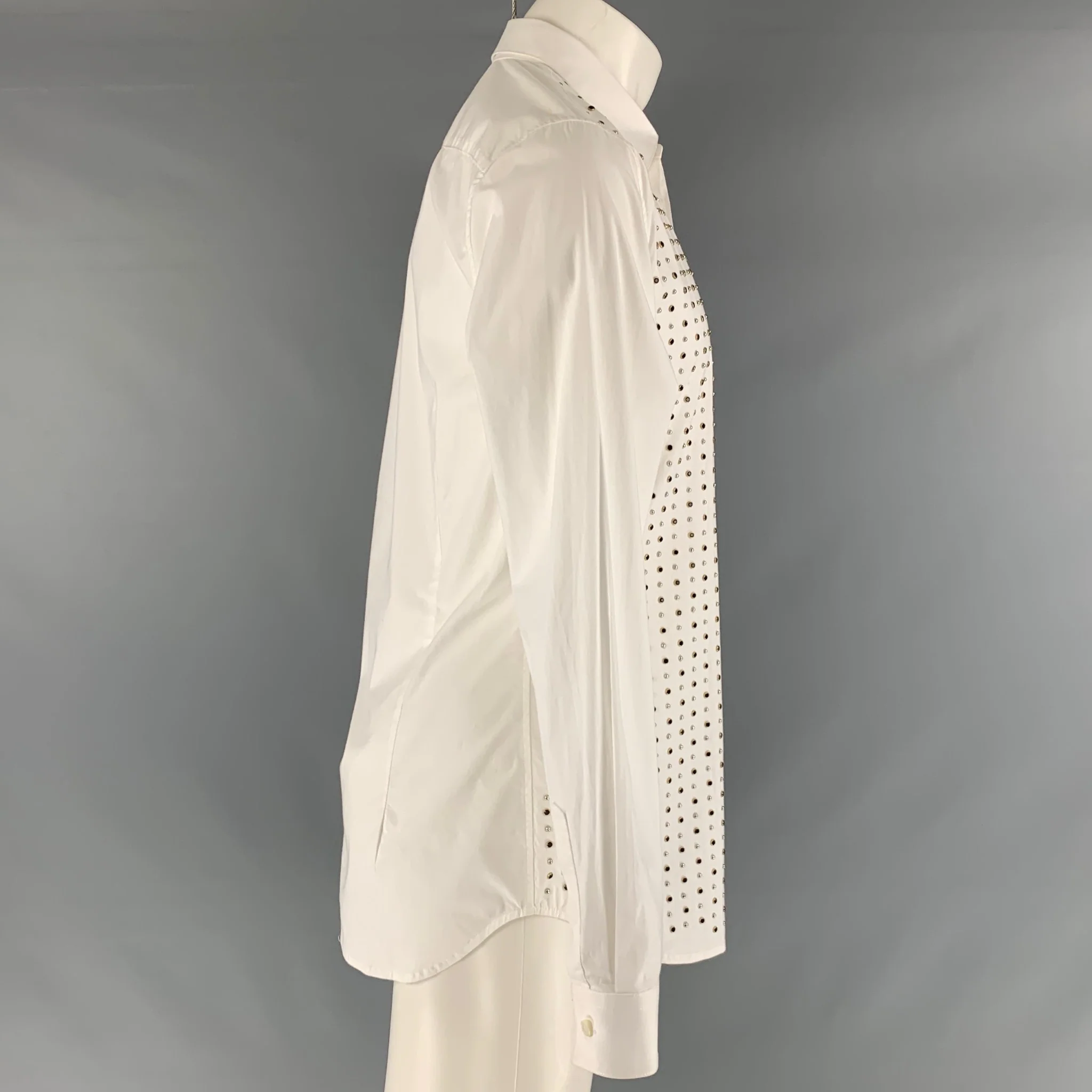 ROBERTO CAVALLI Size M White Studded Cotton Elastane Long Sleeve Shirt - Image 3