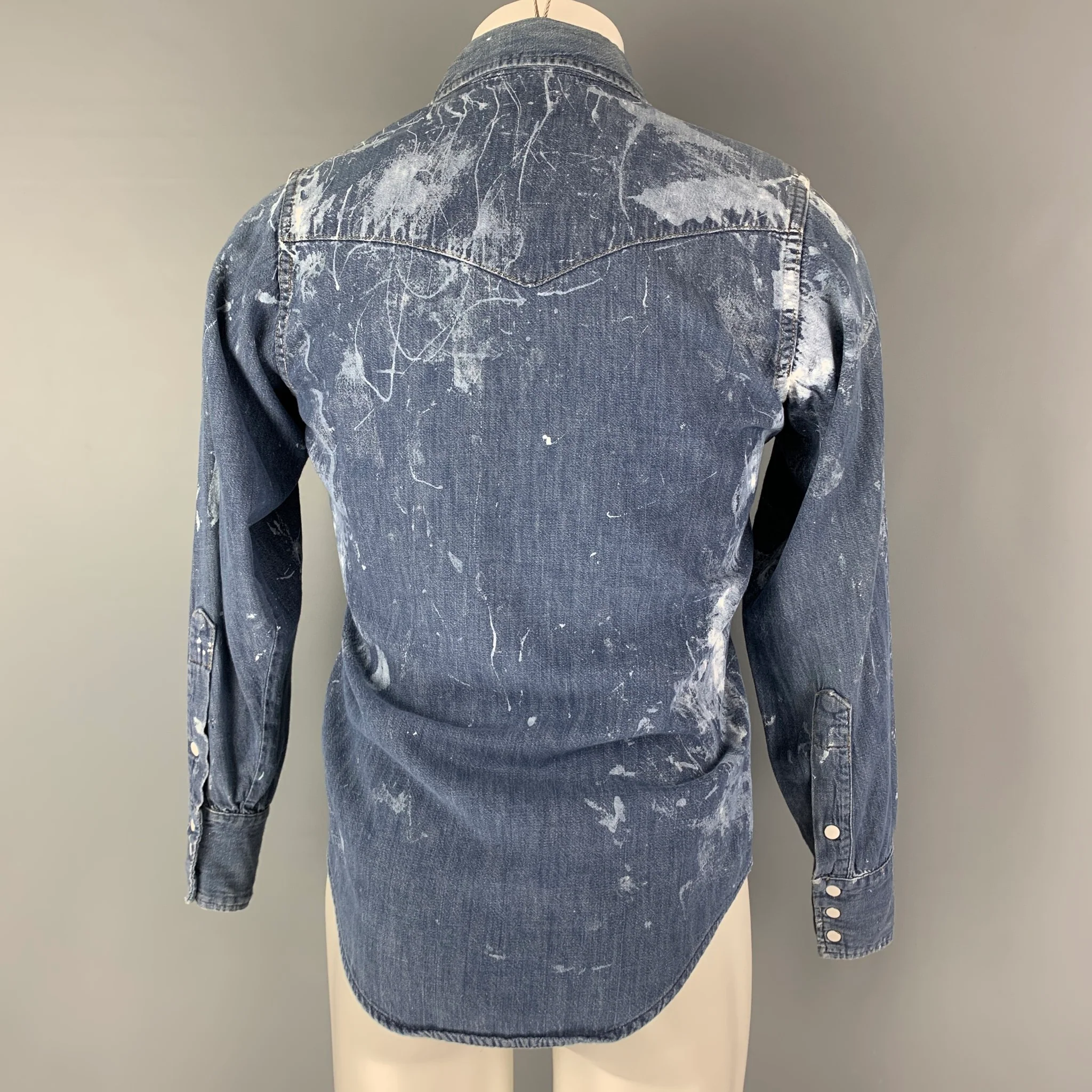 ROEBUCKS Size S Blue White Paint Splatter Denim Western Long Sleeve Shirt - Image 3