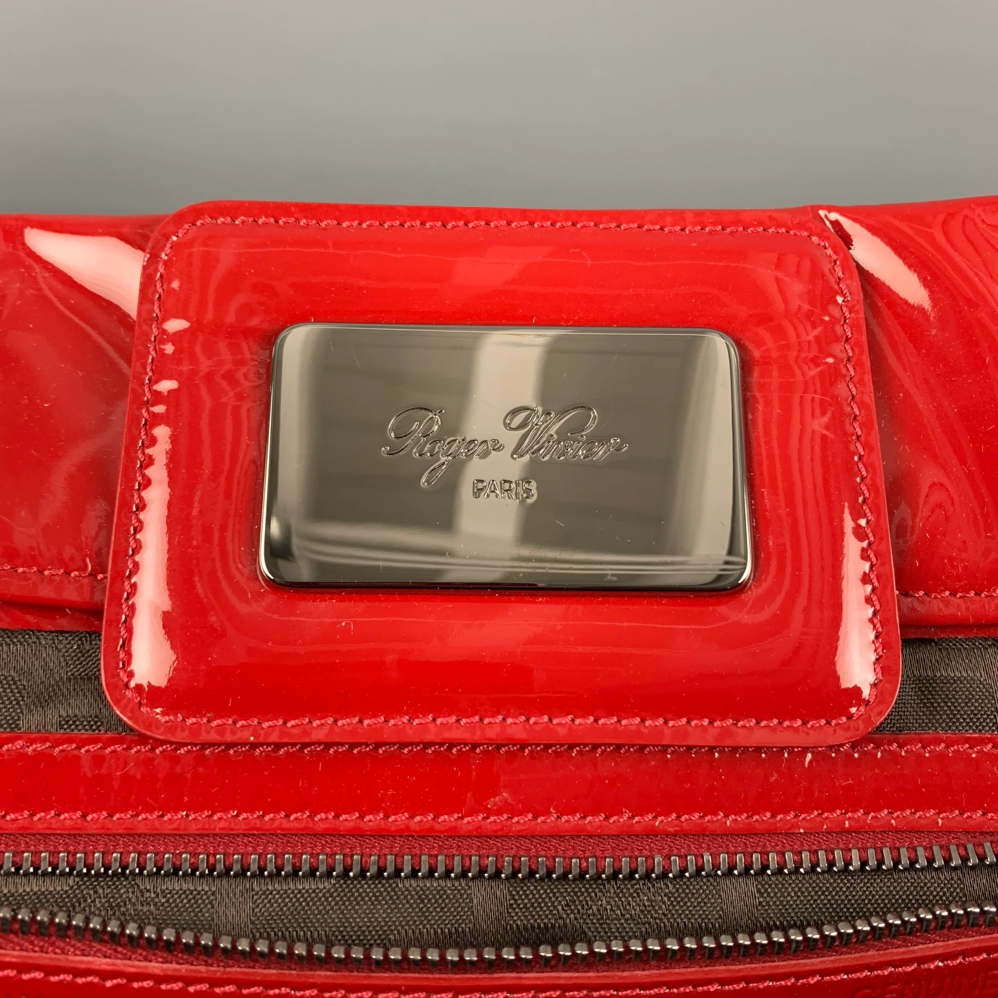 ROGER VIVIER Red Brown Patent Leather Tote Handbag - Image 7