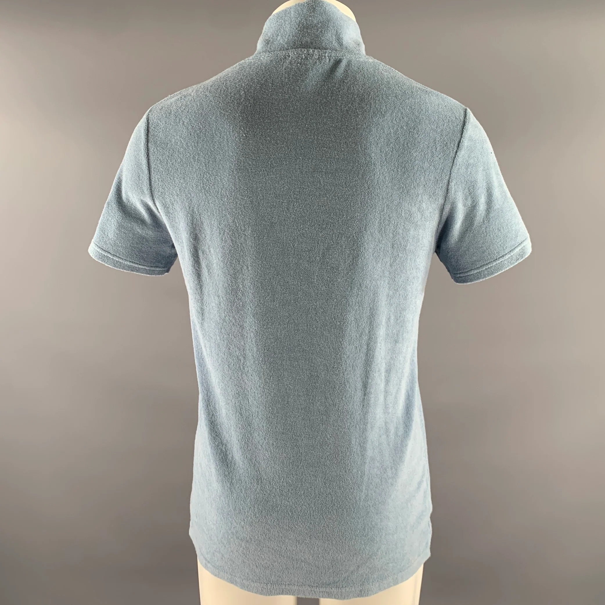 RON DORFF Size M Blue Navy Stripe Cotton Blend Terry Zip Mock Neck Short Sleeve Polo - Image 4