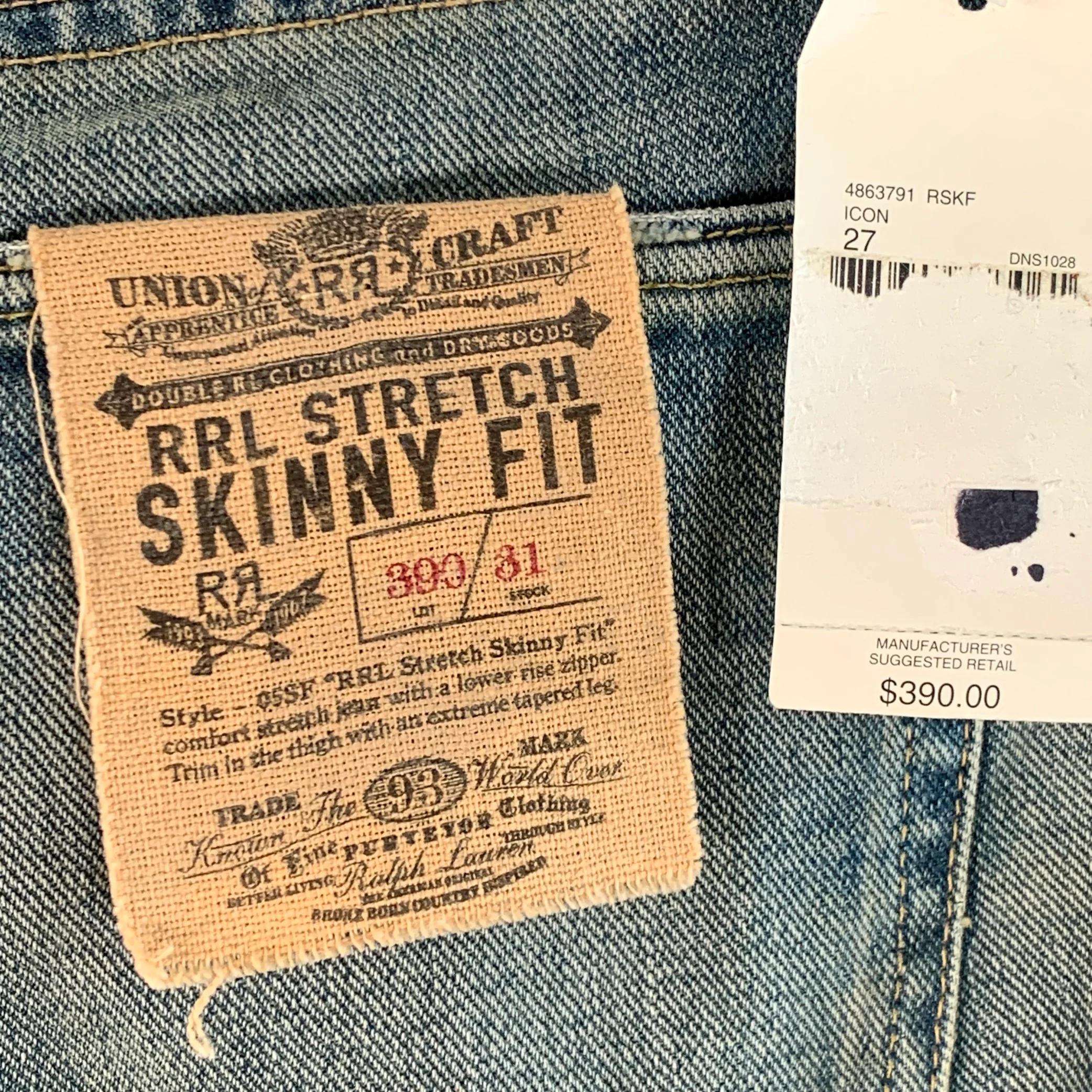 RRL by RALPH LAUREN Size 27 Blue Distressed Cotton Blend Skinny Selvedge Jeans - Image 6