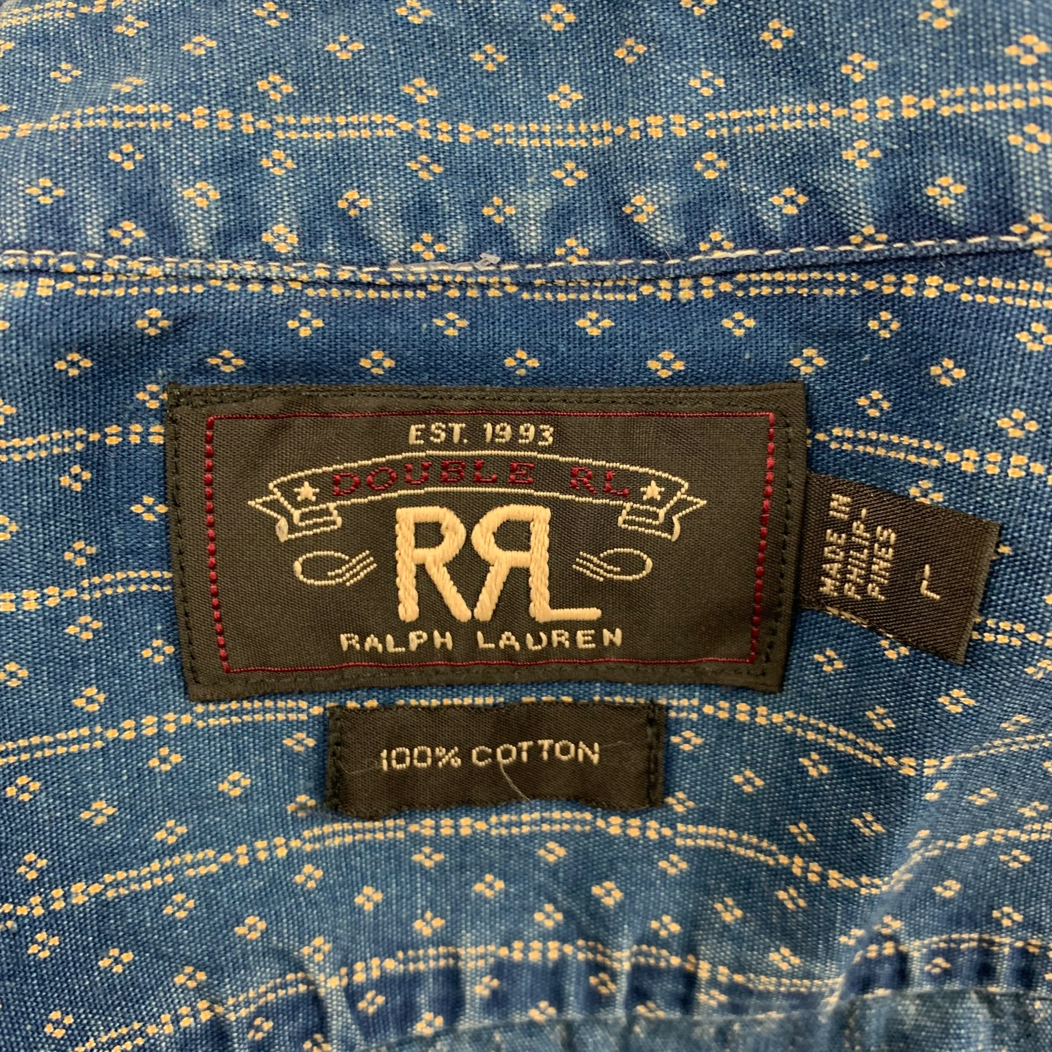 RRL by RALPH LAUREN Size L Blue Beige Print Cotton Button Up Long Sleeve Shirt - Image 4