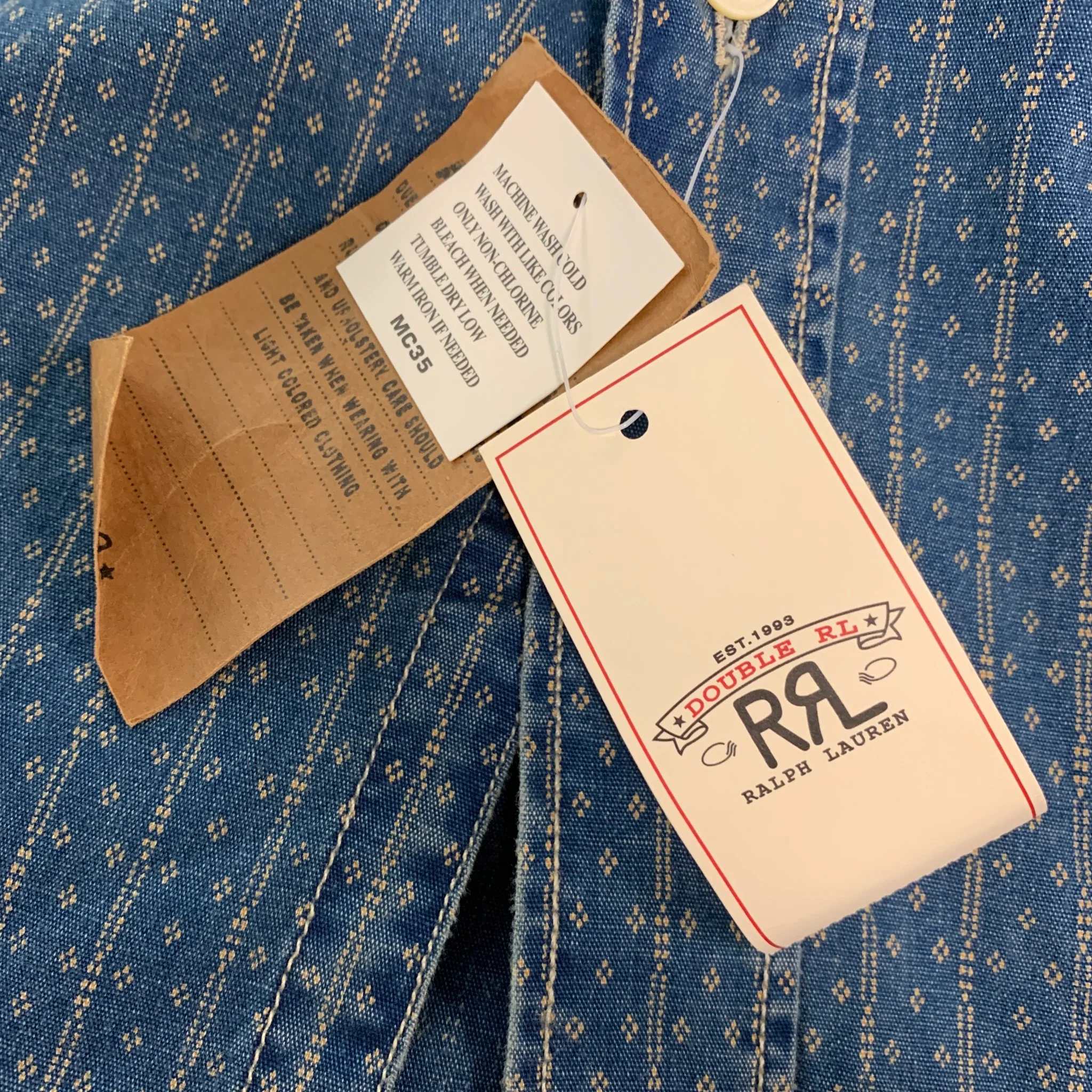 RRL by RALPH LAUREN Size L Blue Beige Print Cotton Button Up Long Sleeve Shirt - Image 5