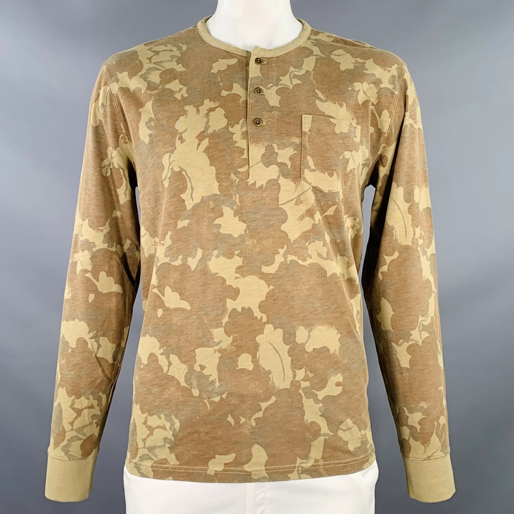 RRL by RALPH LAUREN Size L Brown Khaki Camo Cotton Henley Long Sleeve Shirt