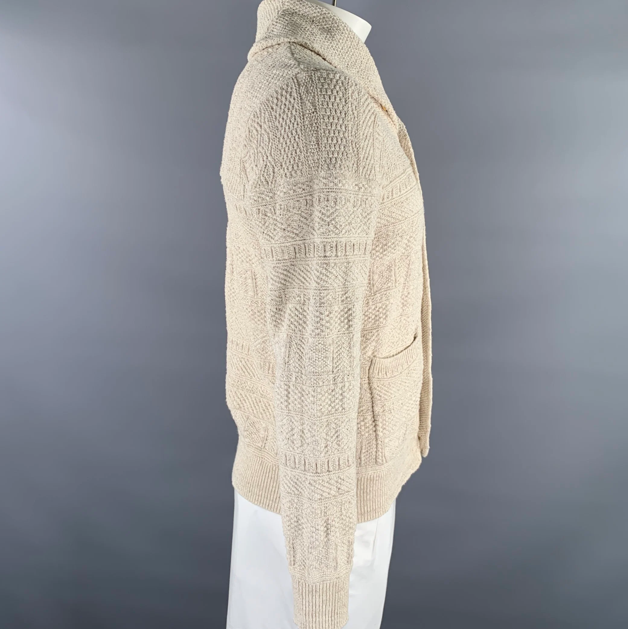 RRL by RALPH LAUREN Size L Cream Knit Cotton Silk Shawl Cardigan - Image 3