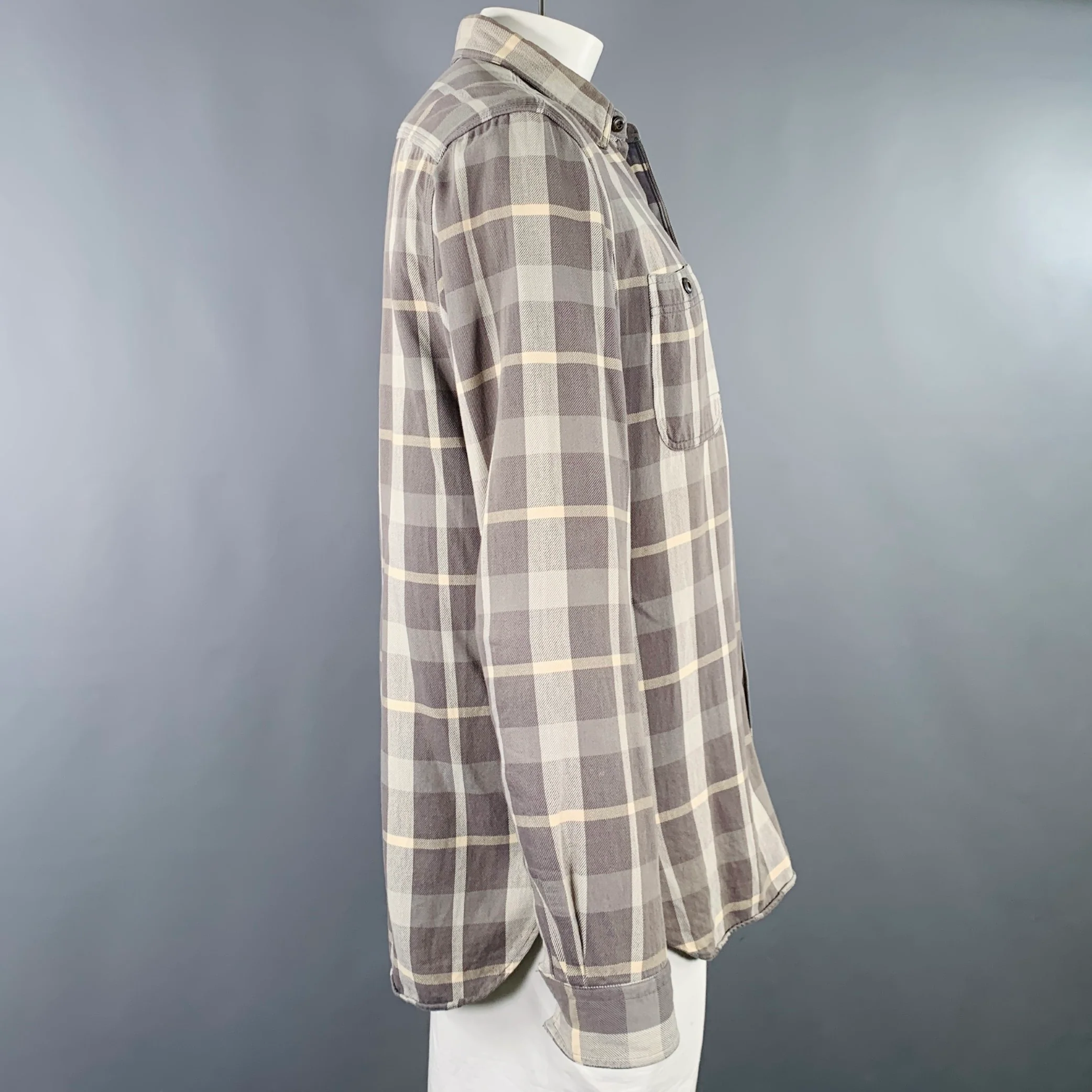 RRL by RALPH LAUREN Size L Grey Beige Plaid Cotton 2 Pockets Long Sleeve Shirt - Image 3