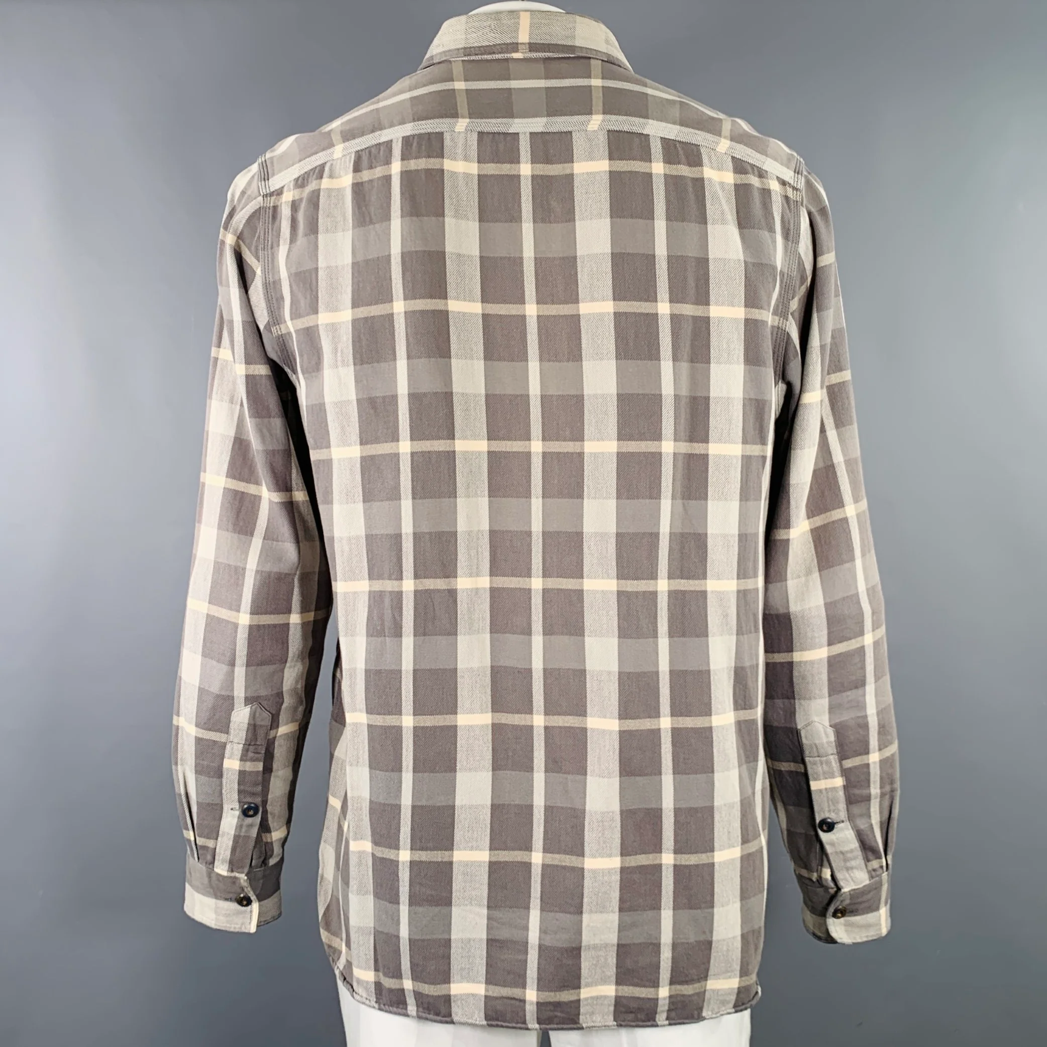 RRL by RALPH LAUREN Size L Grey Beige Plaid Cotton 2 Pockets Long Sleeve Shirt - Image 4