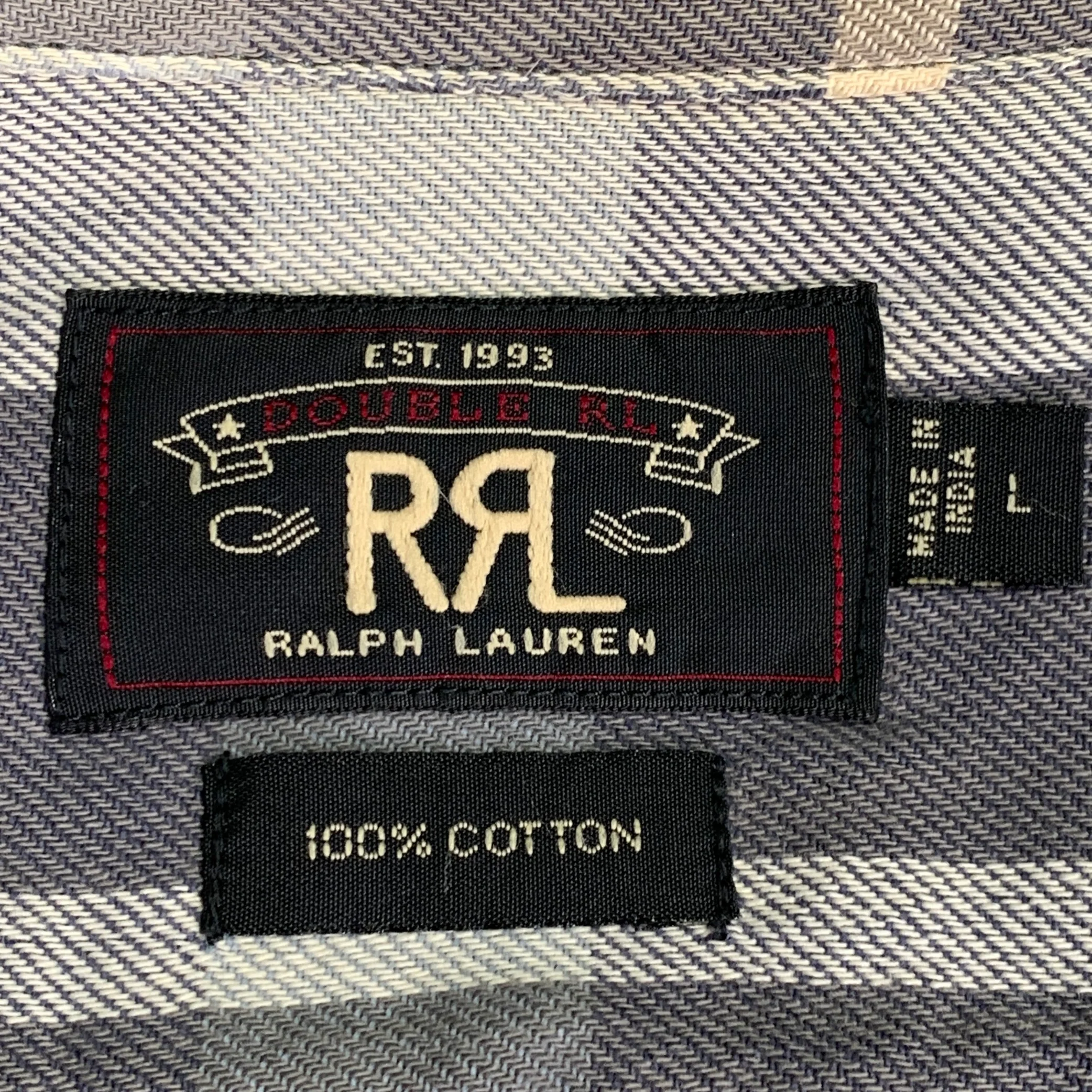 RRL by RALPH LAUREN Size L Grey Beige Plaid Cotton 2 Pockets Long Sleeve Shirt - Image 5